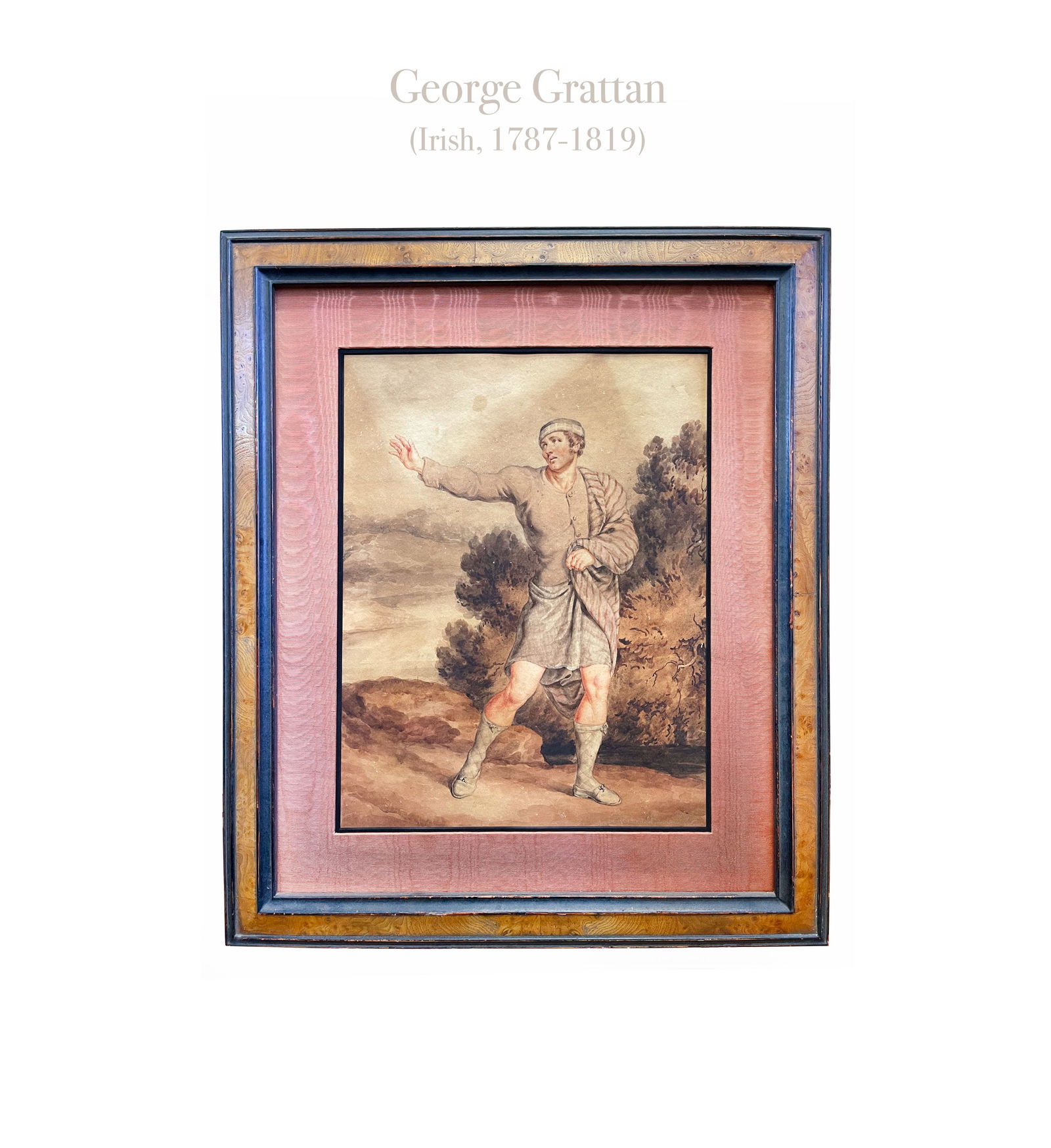 A Wondering Man, George Grattan (19th C.) Watercolor: George GRATTAN (1787-1819) Watercolor Painting Of A Wondering Man. Frame: 28" x 24", Painting: 19" x 15". About Artist: A native of Dublin, he was born in 1787 and from his childhood showed a