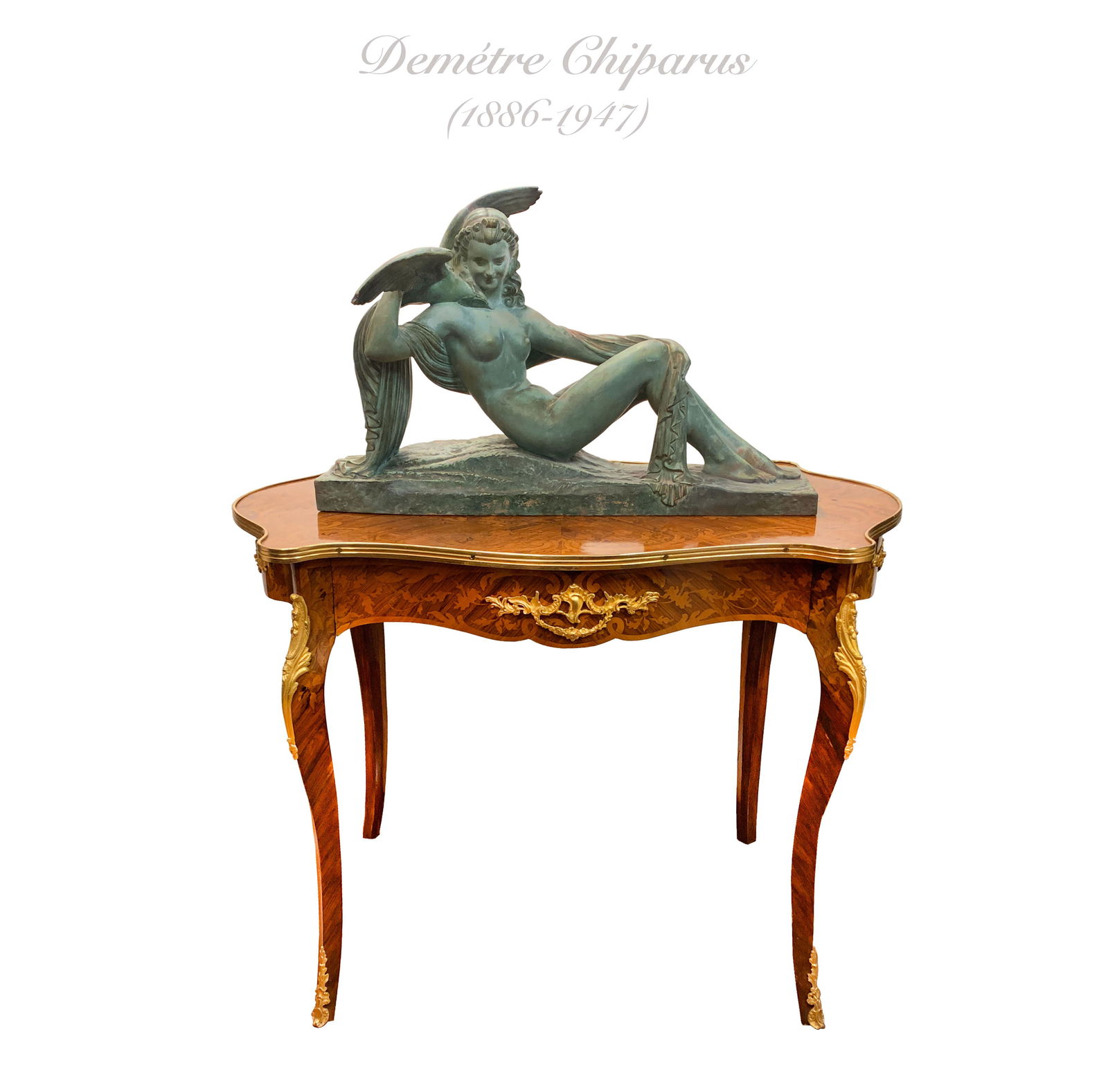 Green Patinated Terra Cotta Sculpture, Signed CHIPARUS: Circa 1920's, green patinated terra cotta, signed "D.H Chiparus" (1886-1947). Note: The pedestal is NOT included! Condition: couple minor restoration areas. 28" x 17.25" x 12"