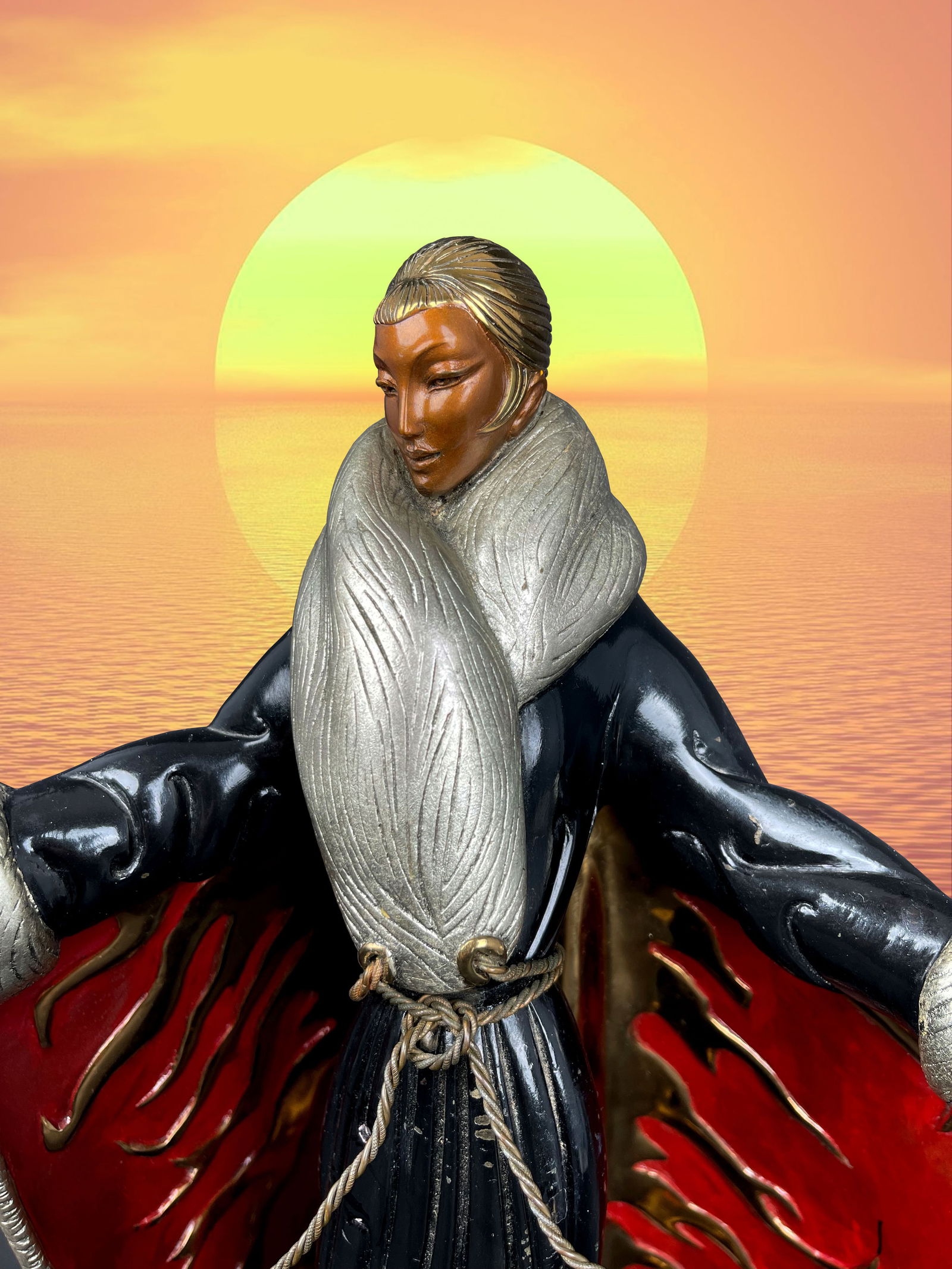 Authentic Limited Edition Enameled Bronze Sculpture Of A Standing Lady By Erte: Authentic Limited Edition Enameled Bronze Sculpture Of A Standing Lady By Erte. Foundry Mark, Artist Signature And Numbered. H: 19-1/2" L:11-1/2" D: 8"Romain de Tirtoff (23 November 1892 – 21 April