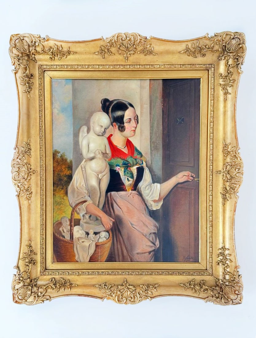 An Oil on Board Painting Depicting a Lady Selling Sculptures, Italy, 19th Century: An Oil on Board Painting Depicting a Lady Selling Sculptures, Italy, 19th CenturySignedPainting: 18"x15"Frame: 24"x21"