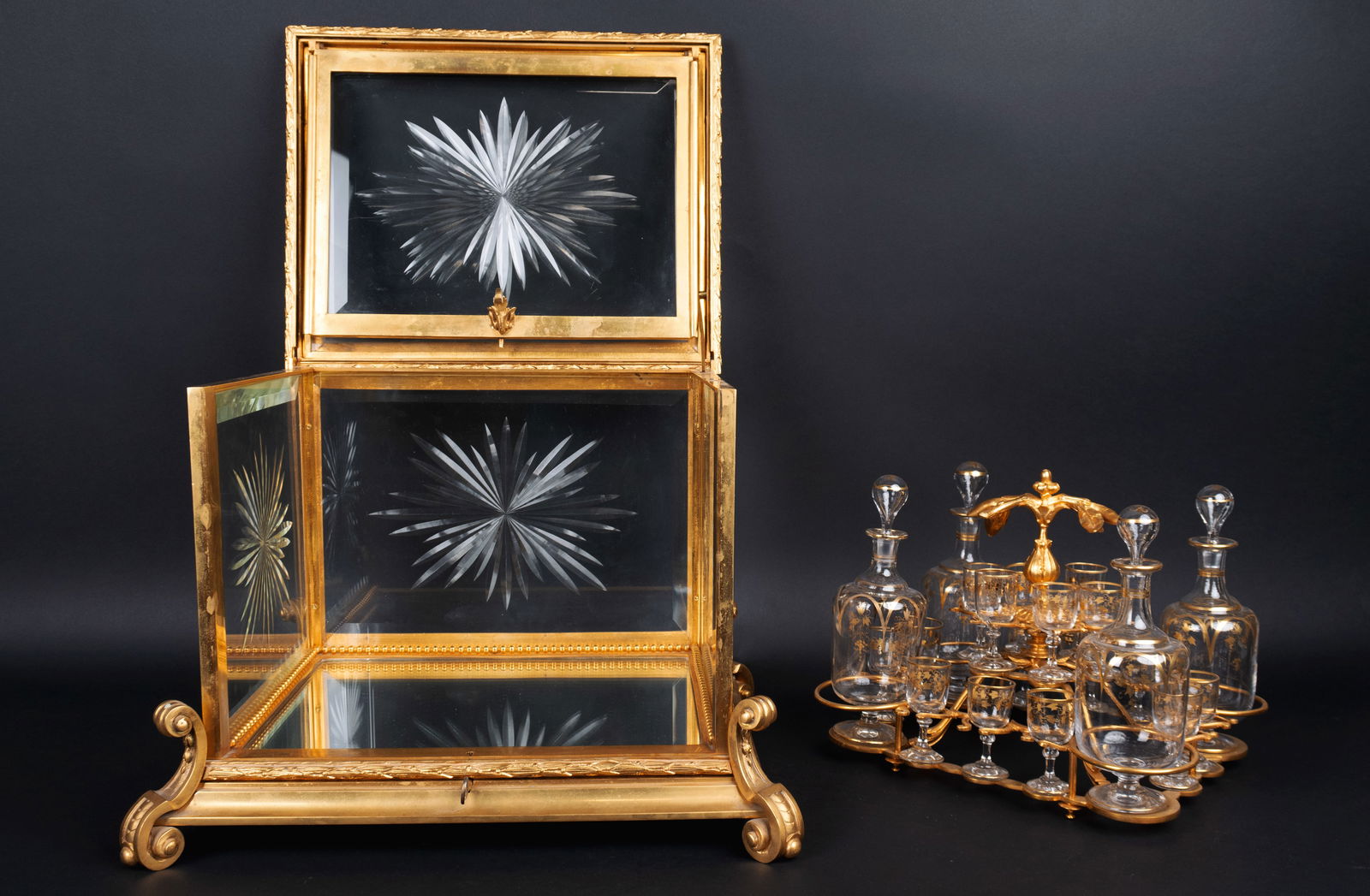 Baccarat Cut Crystal Mounted Gilt Bronze Liquor Set. France, Circa 1880.: Baccarat Cut Crystal Mounted Gilt Bronze Tantalus (Cave A Liquor) . France, Circa 1880. H 12-3/4 " x w17 " x D 14" ( 32x43x36cm )