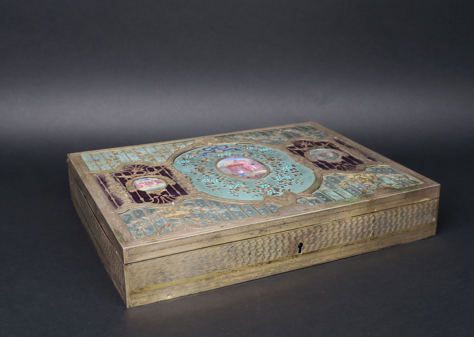 French Parcel Gilt Silver & Enamel Table Box Made by Janvier Quercia- Paris: French Parcel Gilt First Standard Silver and Enamel Table Box Made by Janvier Quercia- Paris. Retail by C.siou & Cie Moscow Circa 1910 H 2-1/4" x L 12-1/4" x D 10 "