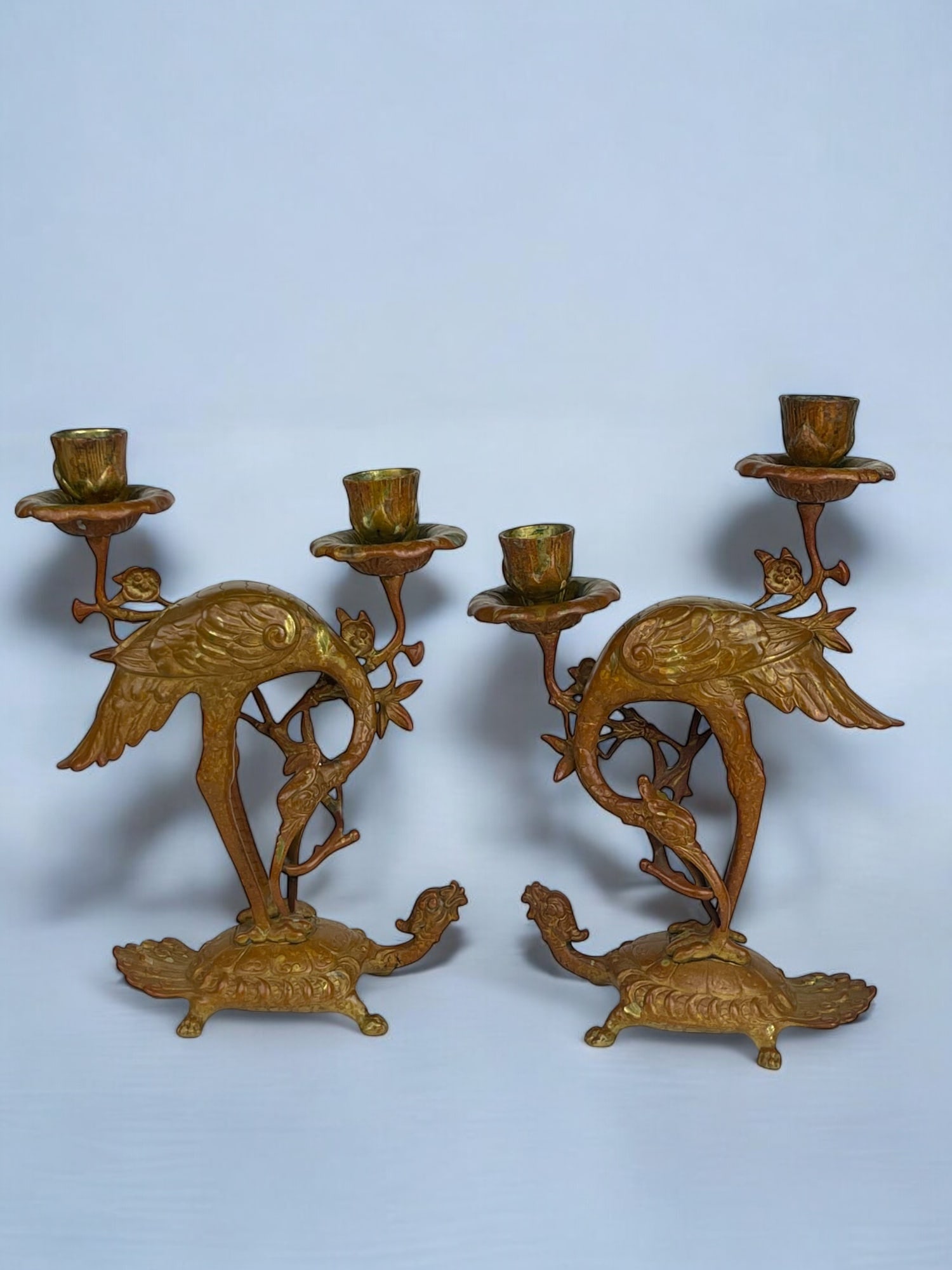 A Pair of French Chinoiserie Patinated Bronze Candle Sticks: A Pair of French Chinoiserie Patinated Bronze Candle Sticks. 9-1/2" x 6"