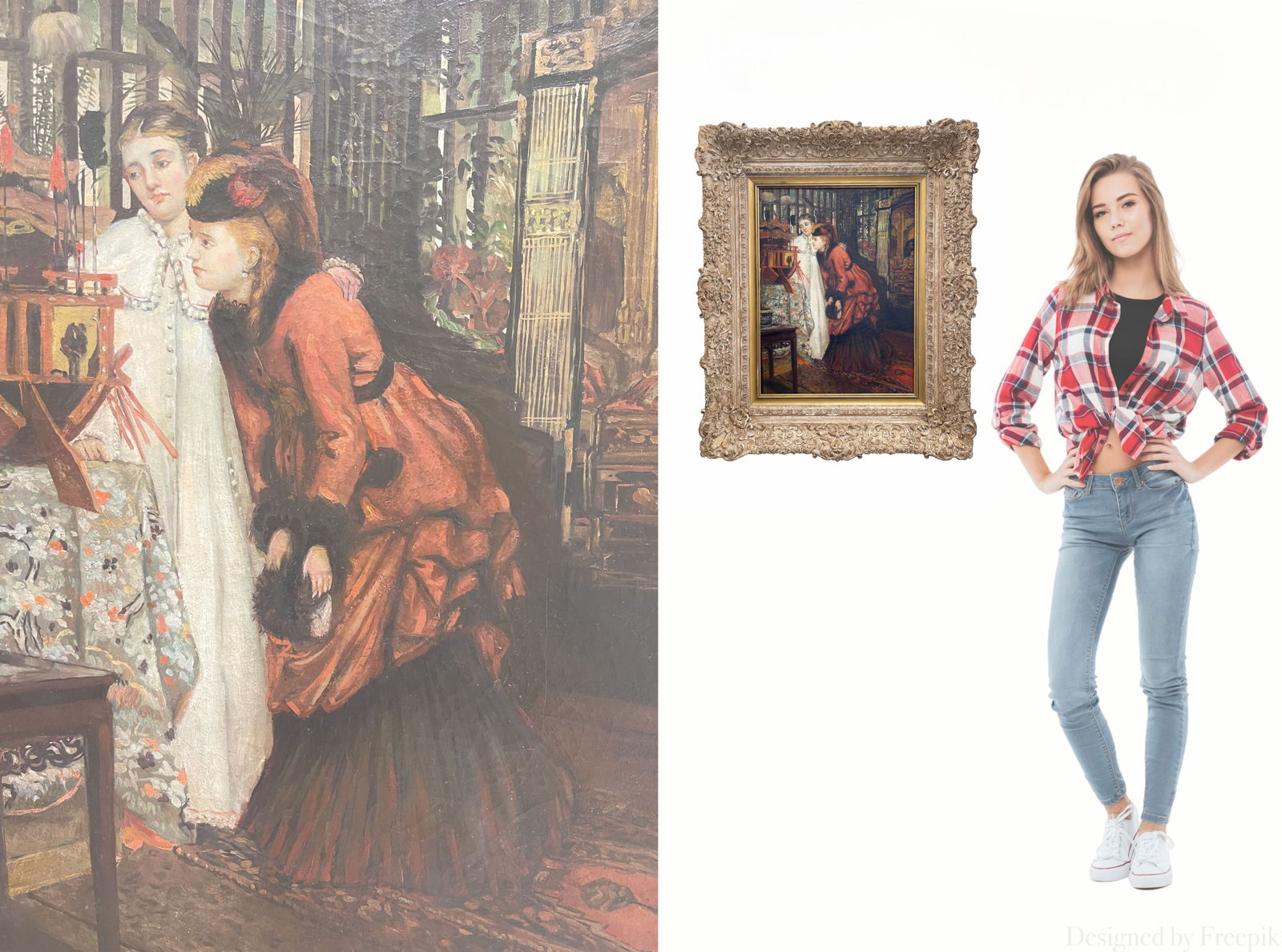 Young Ladies Looking at Japanese Objects - Circle of James Tissot: Young Ladies Looking at Japanese Objects - Circle of James Tissot. The painting depicts two young women, likely sisters or friends, examining a collection of Japanese objects. The woman in the foregro