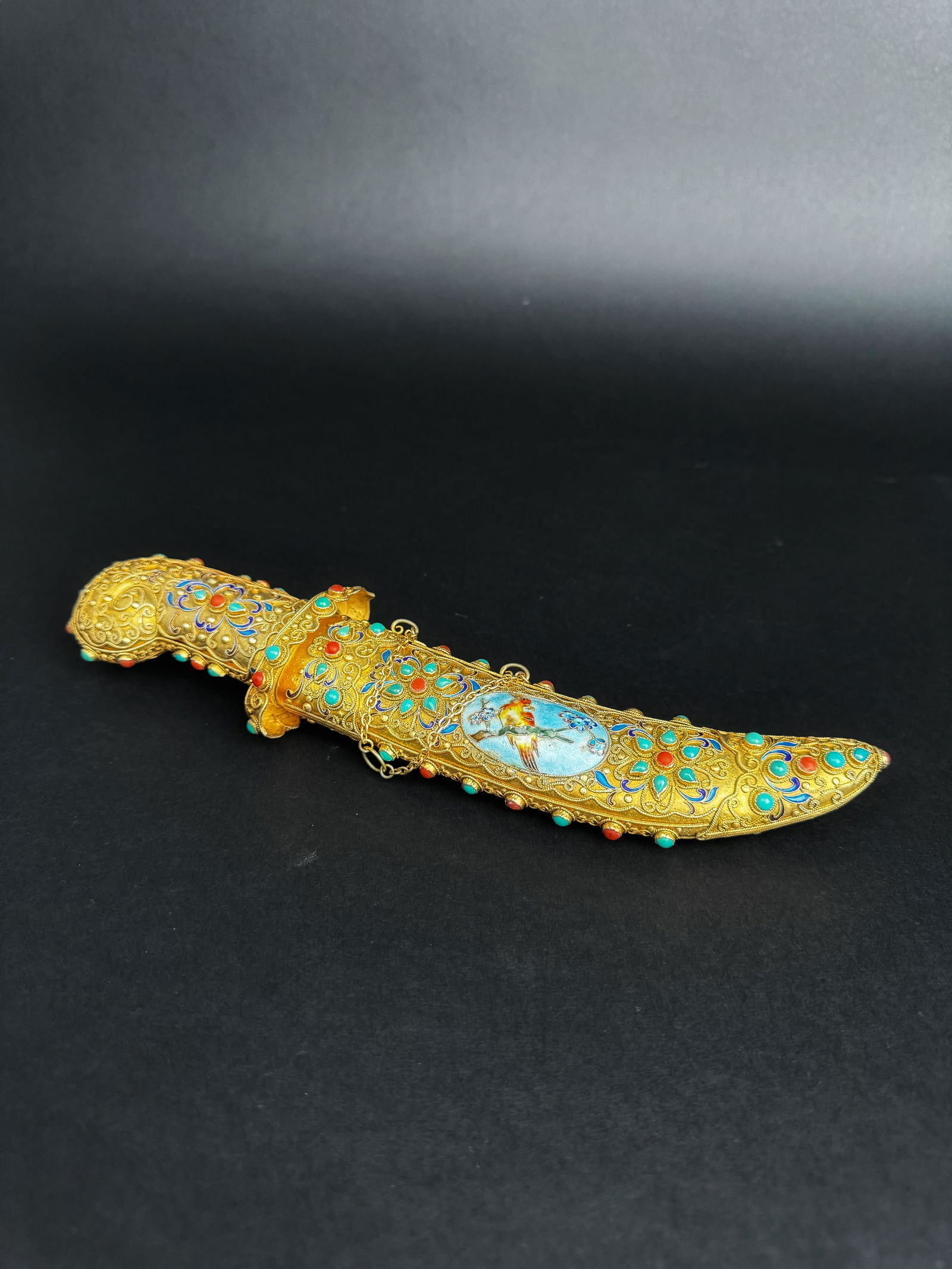 Late 19th / Early 20th Century Enameled Gilt Silver Filigree Jeweled Decorative Dagger: Late 19th / Early 20th Century Enameled Gilt Silver Filigree Jeweled Decorative Dagger. L: 11" W: 2-3/4"