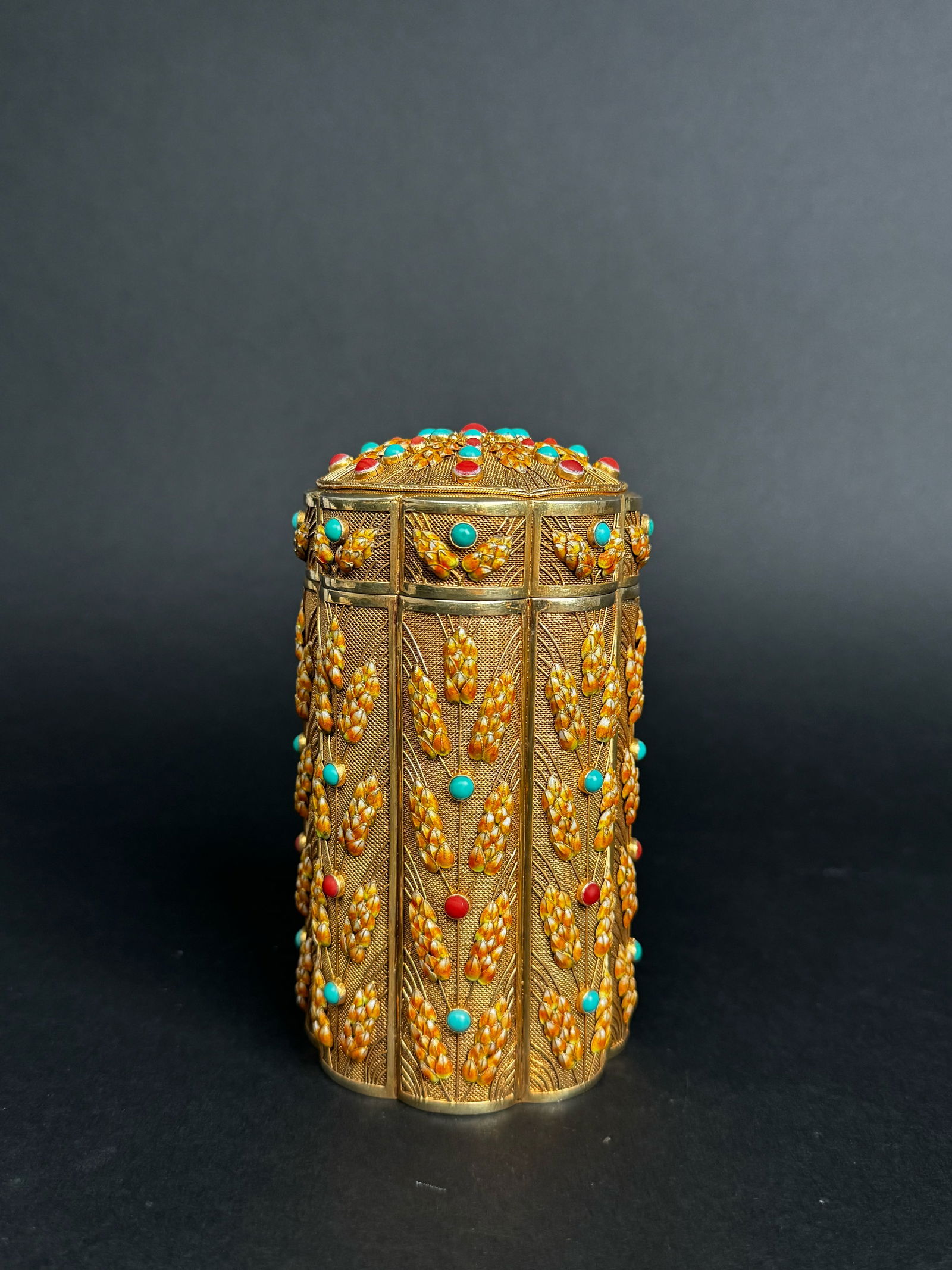 Late 19th / Early 20th Century Enameled Gilt Silver Filigree Jeweled Decorative Box: Late 19th / Early 20th Century Enameled Gilt Silver Filigree Jeweled Decorative Box. H: 5-1/2" D: 2-3/4"