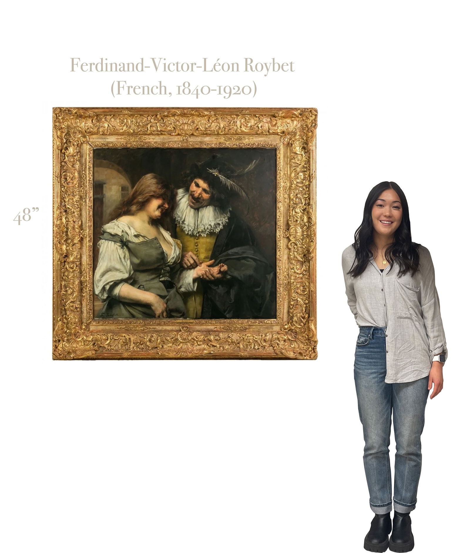 Ferdinand-Victor-Léon Roybet (French, 1840-1920): Ferdinand-Victor-Léon Roybet (French, 1840-1920) 19th Century Oil On Board Depicting A Musketeer With Dame. Provenance: Galerie Alexander Outman At Eiffel Tower, Fr. Frame: 48 x 48 x 6 in. Roybet