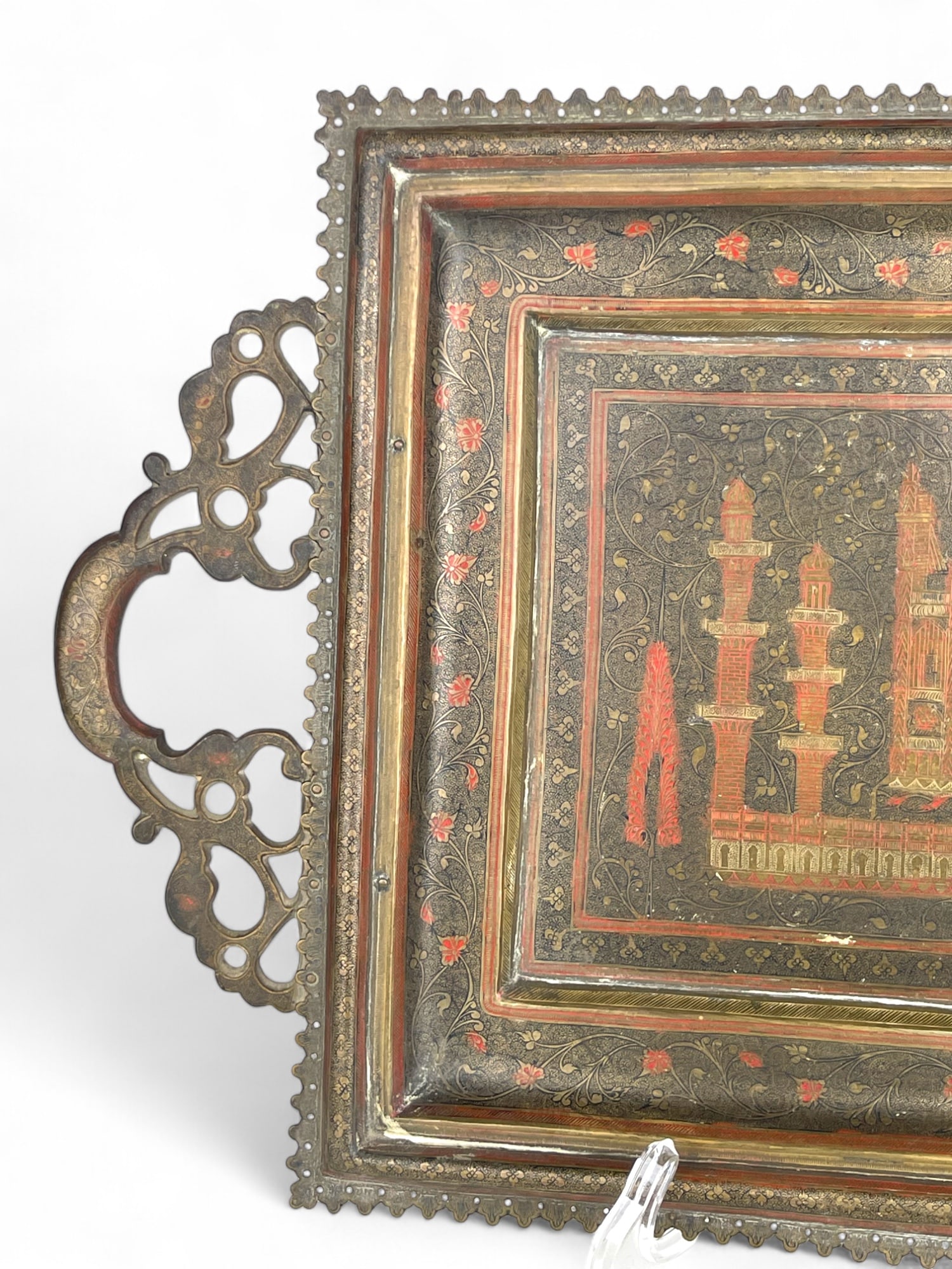 A Middle Eastern Handmade Hand Hammered Cold Enameled Tray - 6