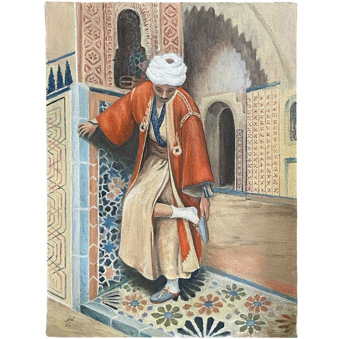 A Middle Eastern Orientalist Oil on Canvas Painting of an Arab Man: A Middle Eastern Orientalist Oil on Canvas Painting of an Arab Man. 16" x 12"