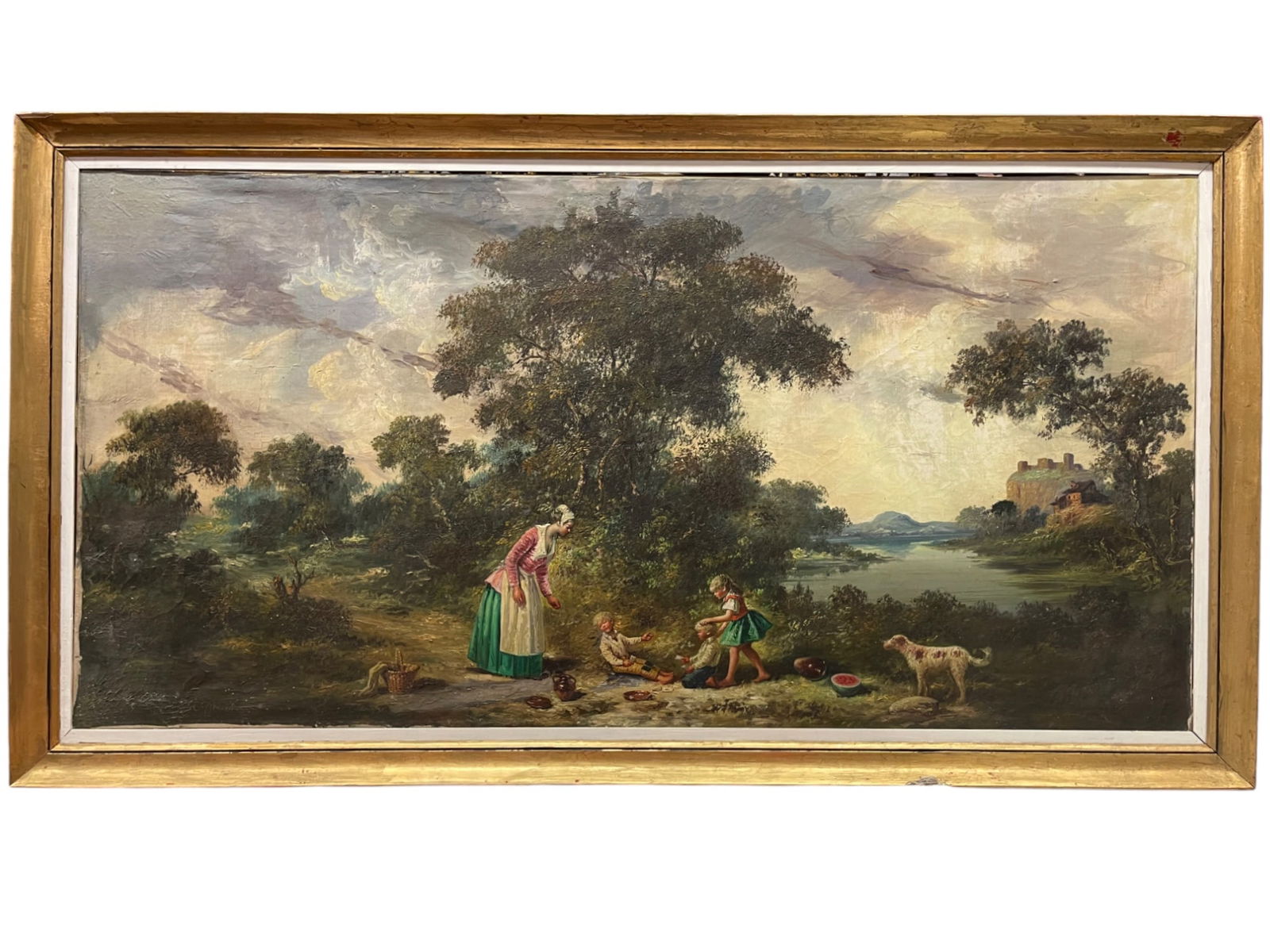 A Big Painting of a Picnic By Miguel Montaner (Spanish, 1917-2017): A Big Painting of a Picnic By Miguel Montaner (Spanish, 1917-2017). 28x51in