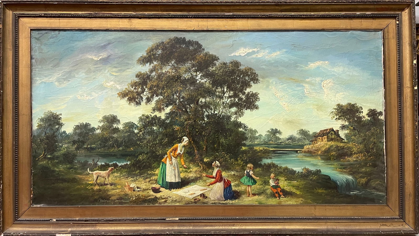 A Big Painting of a Picnic By Miguel Montaner (Spanish, 1917-2017): A Big Painting of a Family By Miguel Montaner (Spanish, 1917-2017). 54" x 30-1/2"