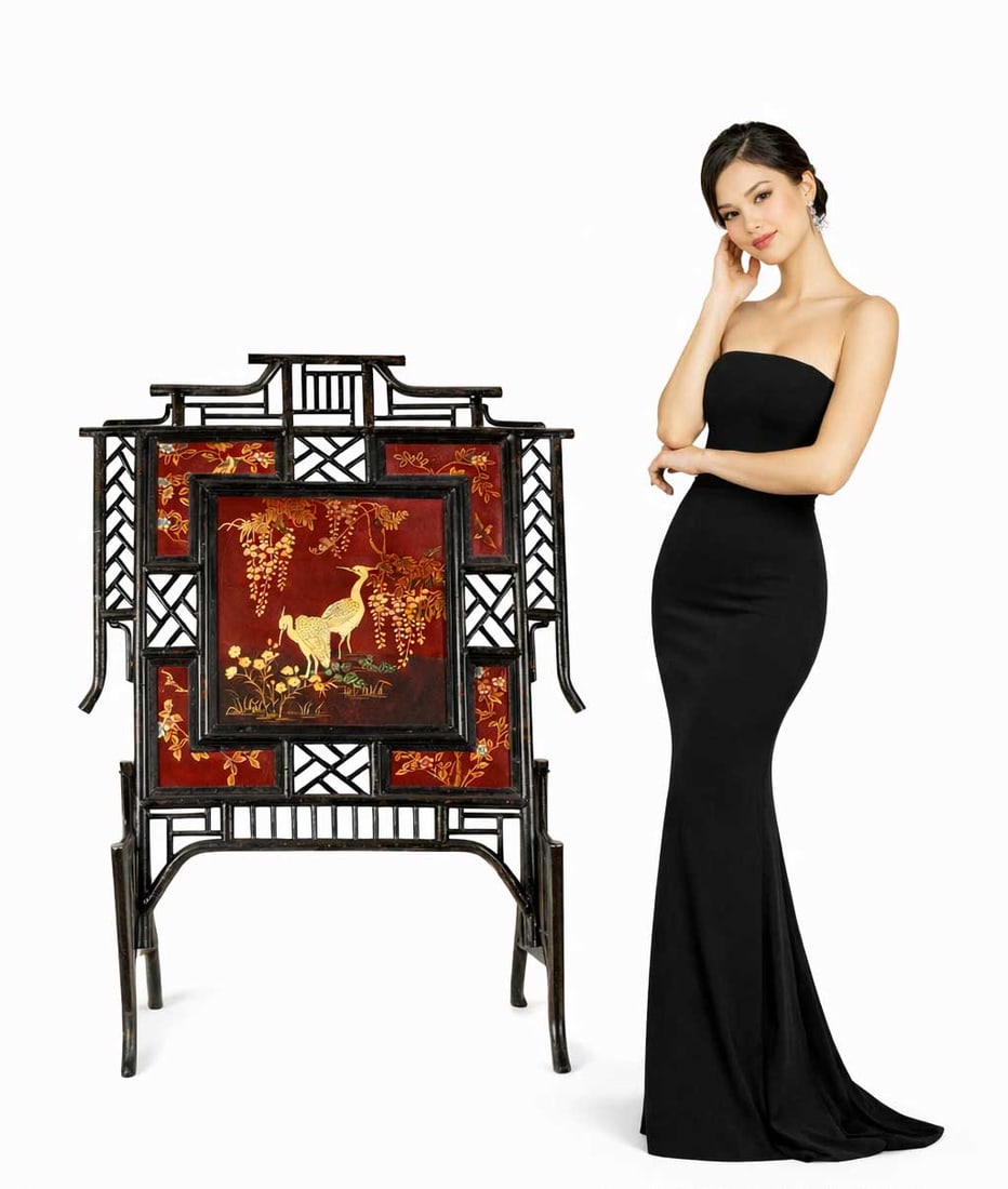 A Chinoiserie-Style Painted Panel with Water Birds in Metal Frame (1 of 10)