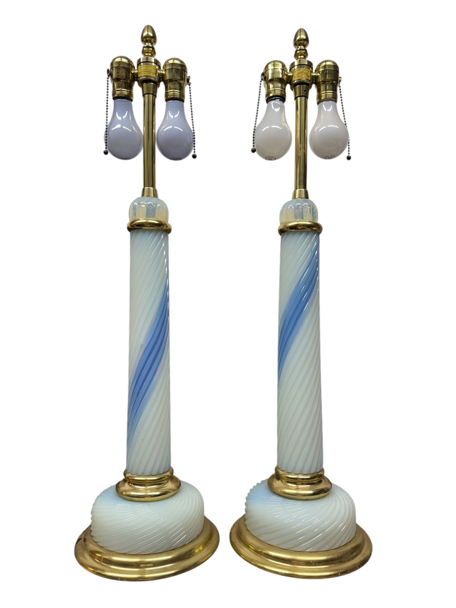 Pair Of French Blue & Milky White Opaline Lamps: Pair Of French Blue & Milky White Opaline Lamps. Circar 1920. H: 30"
