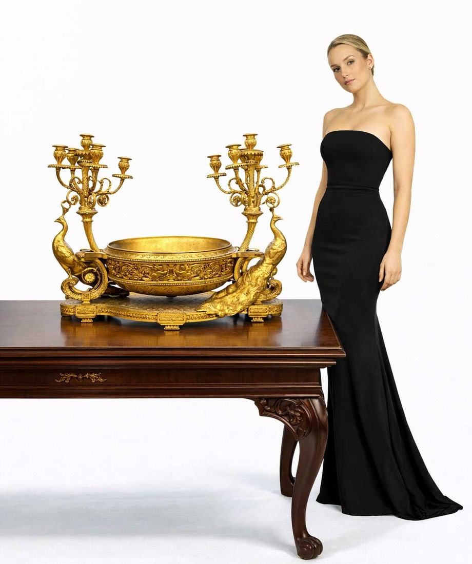 An Attractive & Massive 19th Century Gilt Bronze Centerpiece. France, 1880: An extraordinary and imposing 19th-century gilt bronze centerpiece attributed to the renowned French foundry Ferdinand Barbedienne. This masterfully crafted work features an elaborate neoclassical des