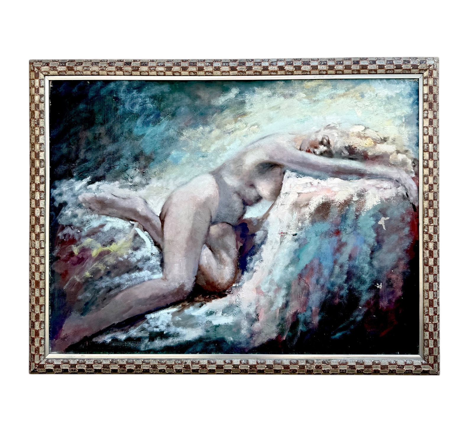 Massis Armen Bahador (Armenian, 1910–1999) – Reclining Nude Study: Massis Armen Bahador (Armenian, 1910–1999) – Reclining Nude Study, Oil On Canvas. A captivating and emotionally charged composition by Massis Armen Bahador, depicting a reclining female figure in 