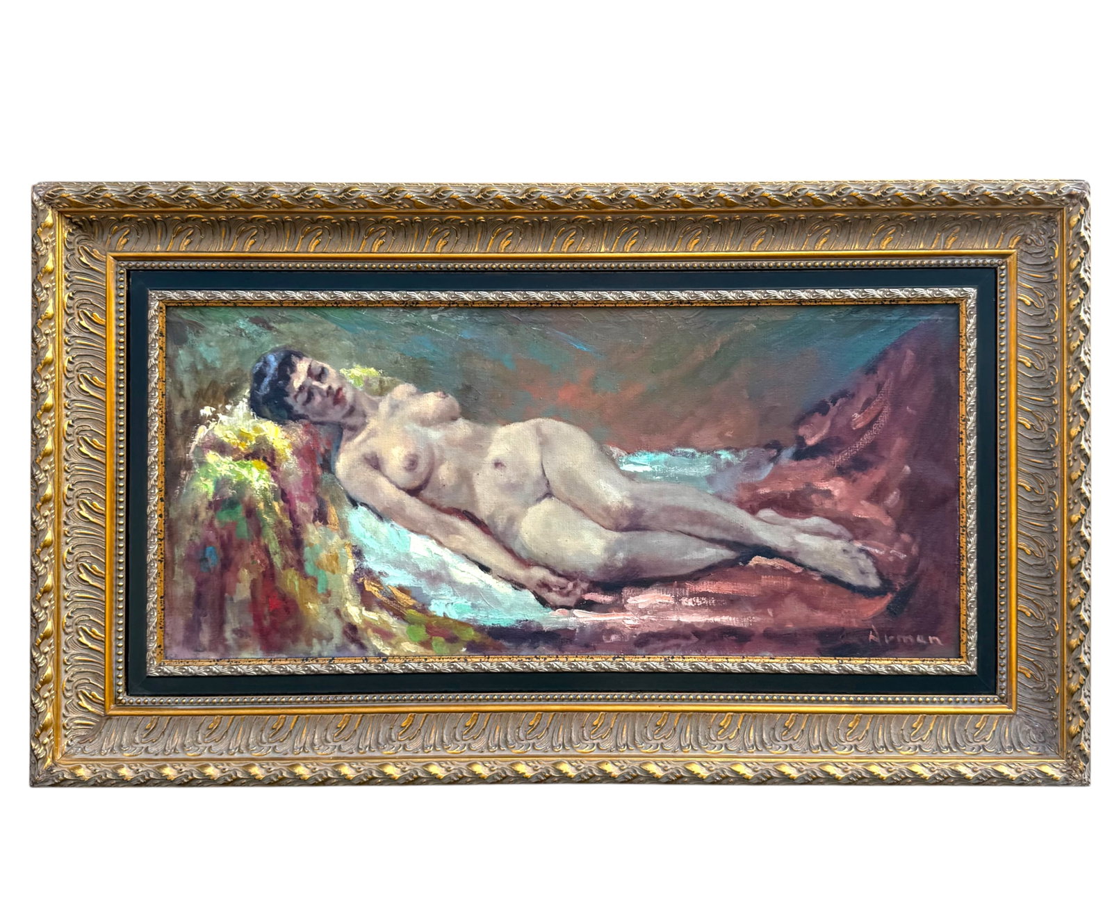 Massis Armen Bahador (Armenian, 1910–1999) Reclining Female, Oil on Canvas: Massis Armen Bahador (Armenian, 1910–1999) Reclining Female, Oil on Canvas. A striking and highly decorative reclining nude by Massis Armen Bahador, showcasing the artist’s confident handling of t