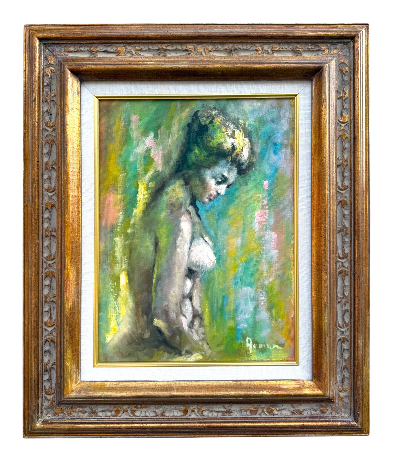 Massis Armen Bahador (Armenian, 1910–1999) Seated Female, Oil on Canvas: Massis Armen Bahador (Armenian, 1910–1999) Seated Female, Oil on Canvas.Oil on Canvas of a Seated Female Nude, Signed “Armen,” 20th Century. A captivating impressionist-style composition dep