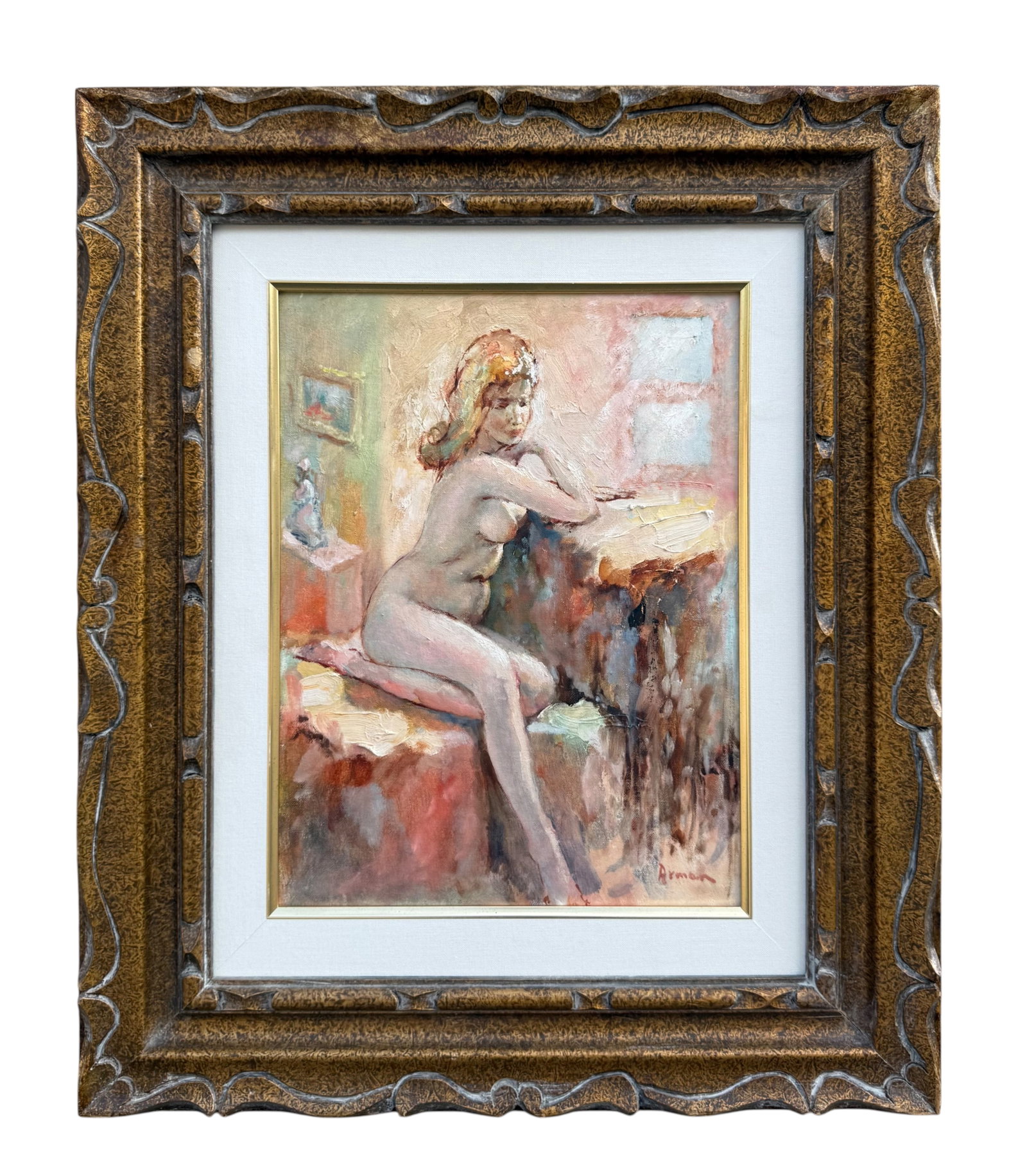Massis Armen Bahador (Armenian, 1910–1999) Seated Female, Oil on Canvas: Massis Armen Bahador (Armenian, 1910–1999) Seated Female, Oil on Canvas. A captivating and intimate composition by renowned Armenian artist Massis Armen Bahador, featuring a seated nude female figur
