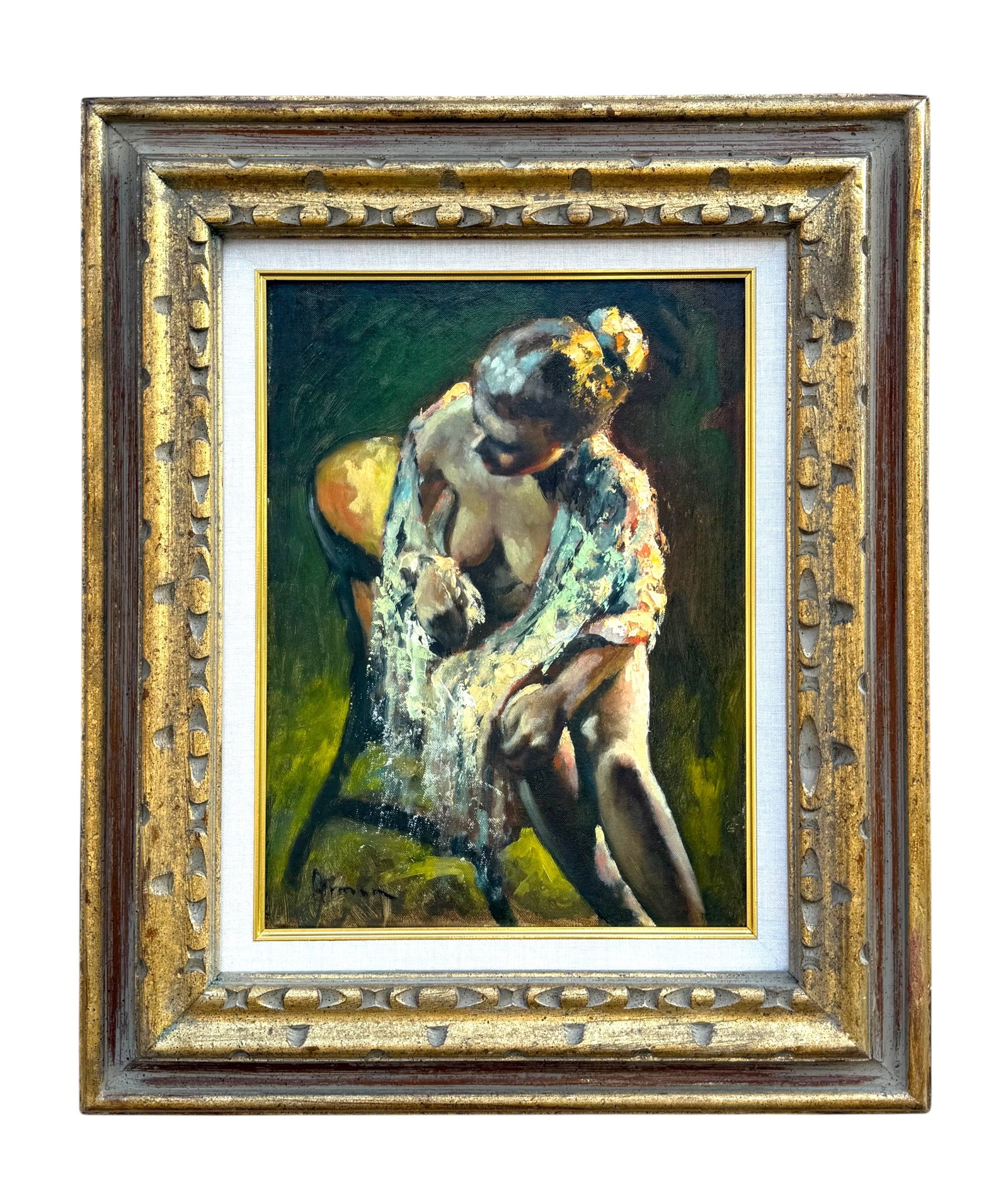Massis Armen Bahador (Armenian, 1910–1999) Seated Female. Oil on canvas: Massis Armen Bahador (Armenian, 1910–1999) Seated Female. Oil on Canvas. A powerful and evocative figurative work by Massis Armen Bahador, capturing a female figure in a dynamic, introspective pose.