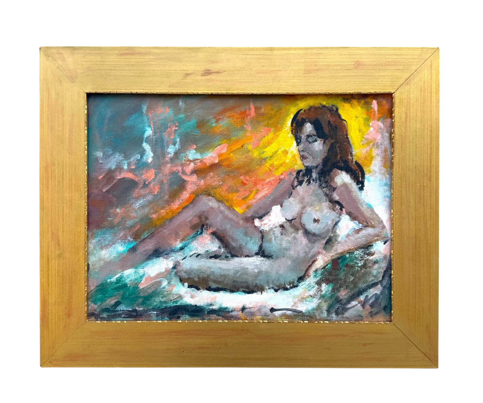 Massis Armen Bahador (Armenian, 1910–1999) Reclining Female. Oil on canvas: Massis Armen Bahador (Armenian, 1910–1999) Reclining Female. Oil on Canvas. A vibrant and expressive figurative composition by Armenian artist Massis Armen Bahador, depicting a reclining nude render