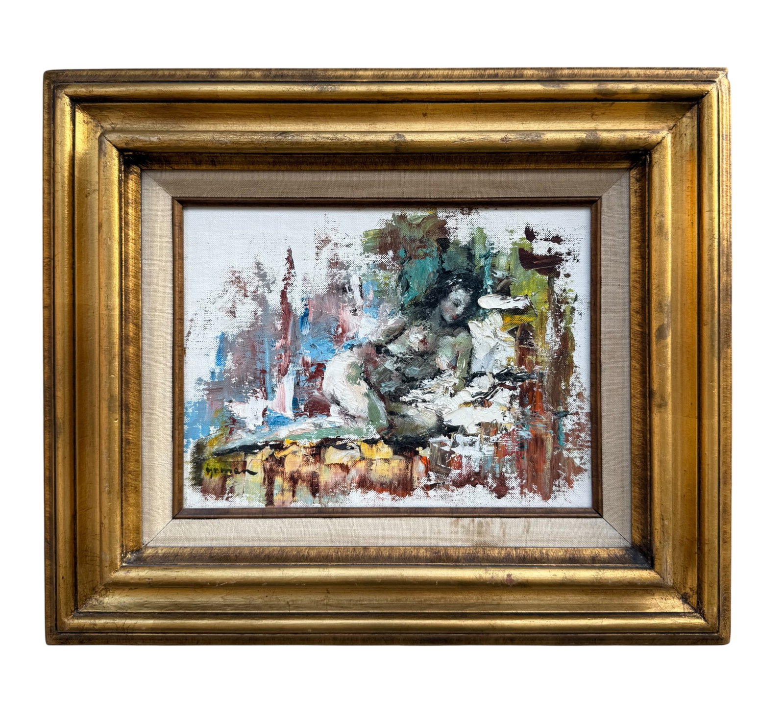 Massis Armen Bahador (Armenian, 1910–1999) Reclining Female. Oil on canvas: Massis Armen Bahador (Armenian, 1910–1999) Reclining Female. Oil on Canvas. A captivating and highly expressive composition by Armenian artist Massis Armen Bahador, depicting a reclining female figu