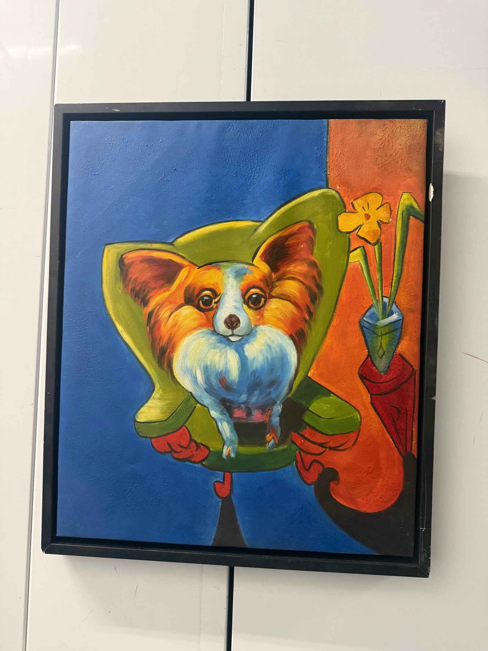 Framed Oil On Canvas Painting Of A Dog On A Chair Next To Flowers: Framed Oil On Canvas Painting Of A Dog On A Chair Next To Flowers. 20”x24”