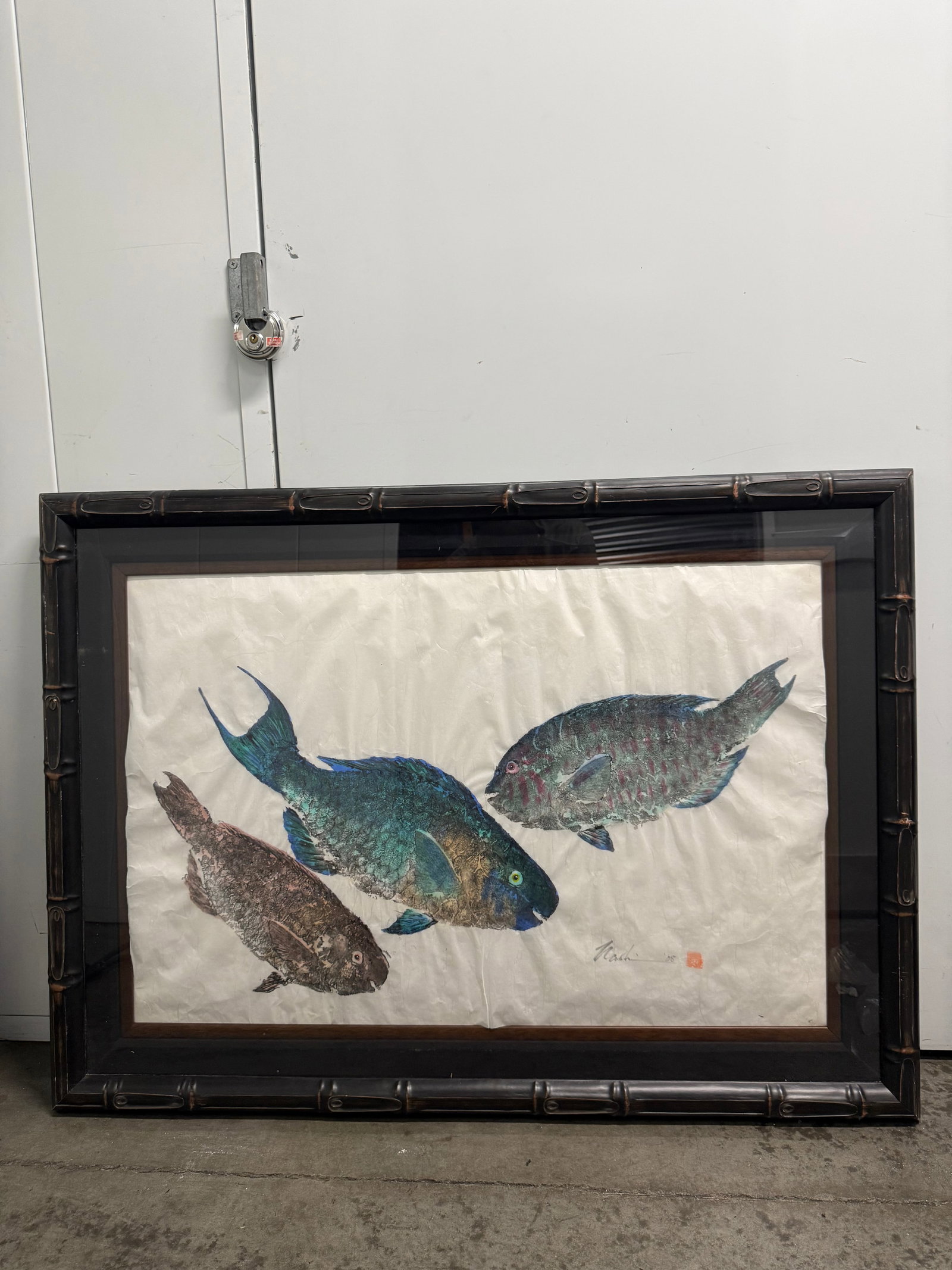 Naoki Hayashi Framed gyotaku fish rubbing art on rice paper 45”x33”: Framed gyotaku fish rubbing art on rice paper. This piece features three detailed fish in shades of blue, green, and brown. It is signed by the artist Naoki and dated '08 with a red seal. The artwork 