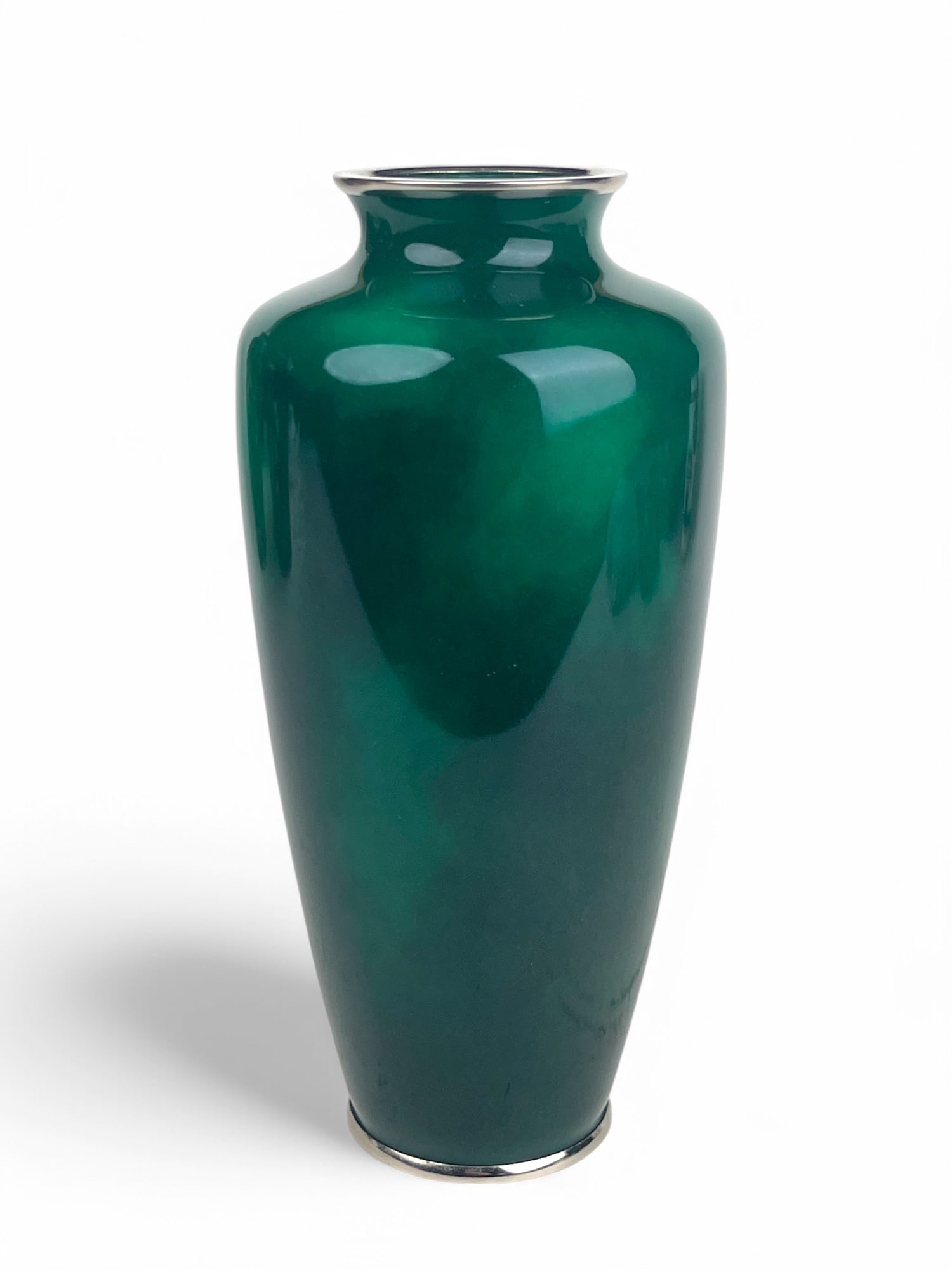 A Japanese Meiji. Silver Mounted Green Cloud Enamel Vase: A Japanese Meiji. Silver Mounted Green Cloud Enamel Vase. 9" x 4"