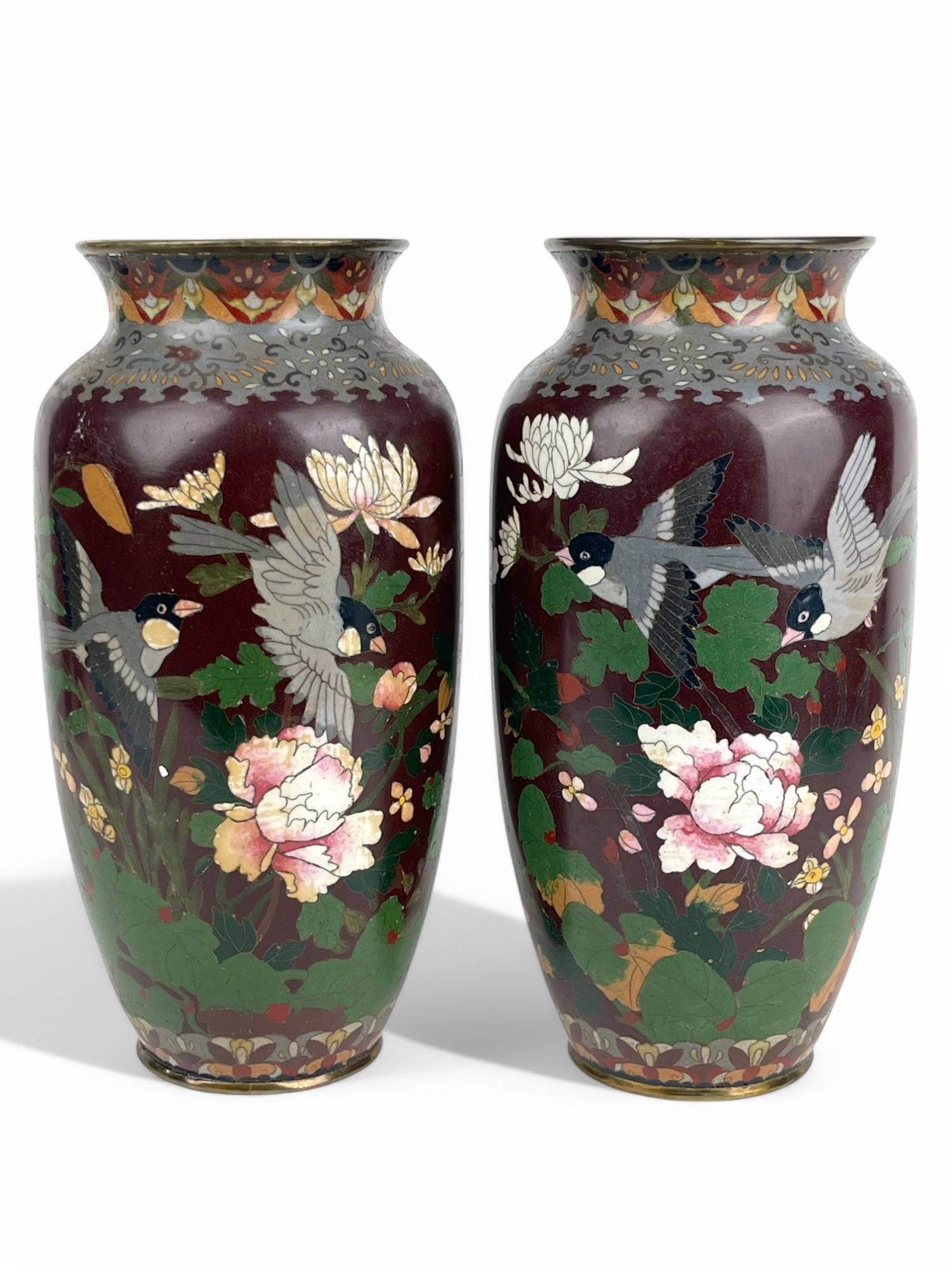 A Pair of Japanese Meiji. Design Cloisonné Enamel Vases: A Pair of Japanese Meiji. Design Cloisonné Enamel Vases. 12-1/2" x 6"