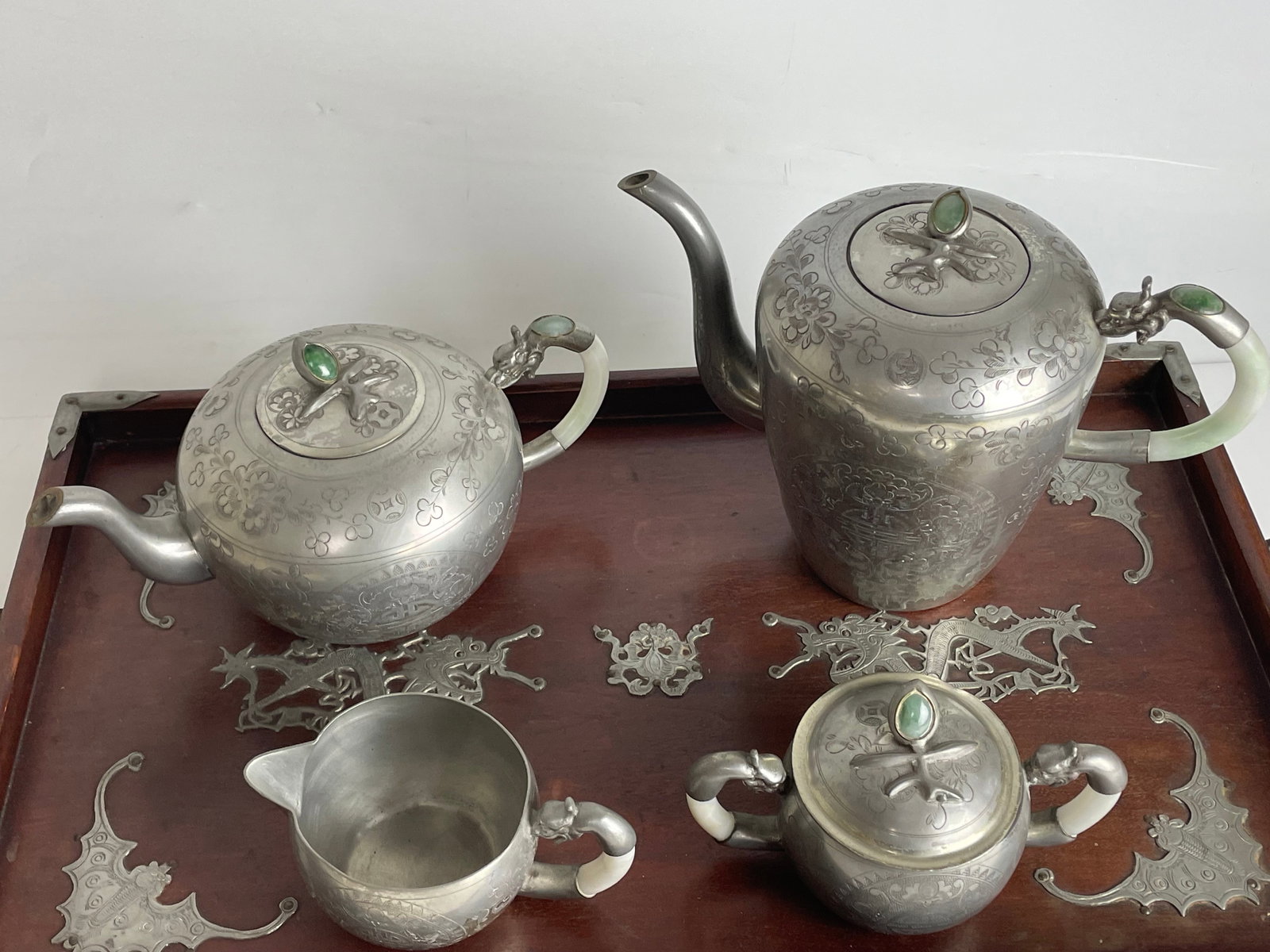 A Chinese Silvered Tea Set Mounted Jadeite - 2