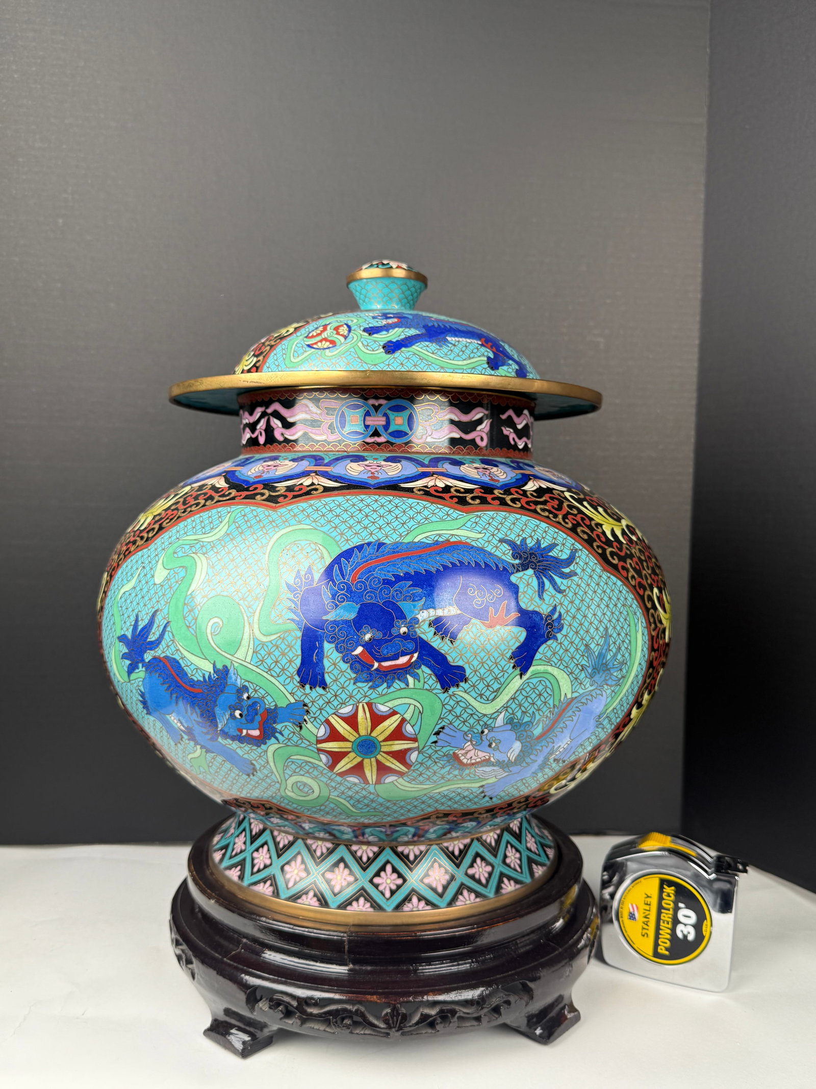 A Large Chinese Cloissone Enamel Vase & Cover: A Large Chinese Cloissone Enamel Vase & Cover. H:17” D: 13”