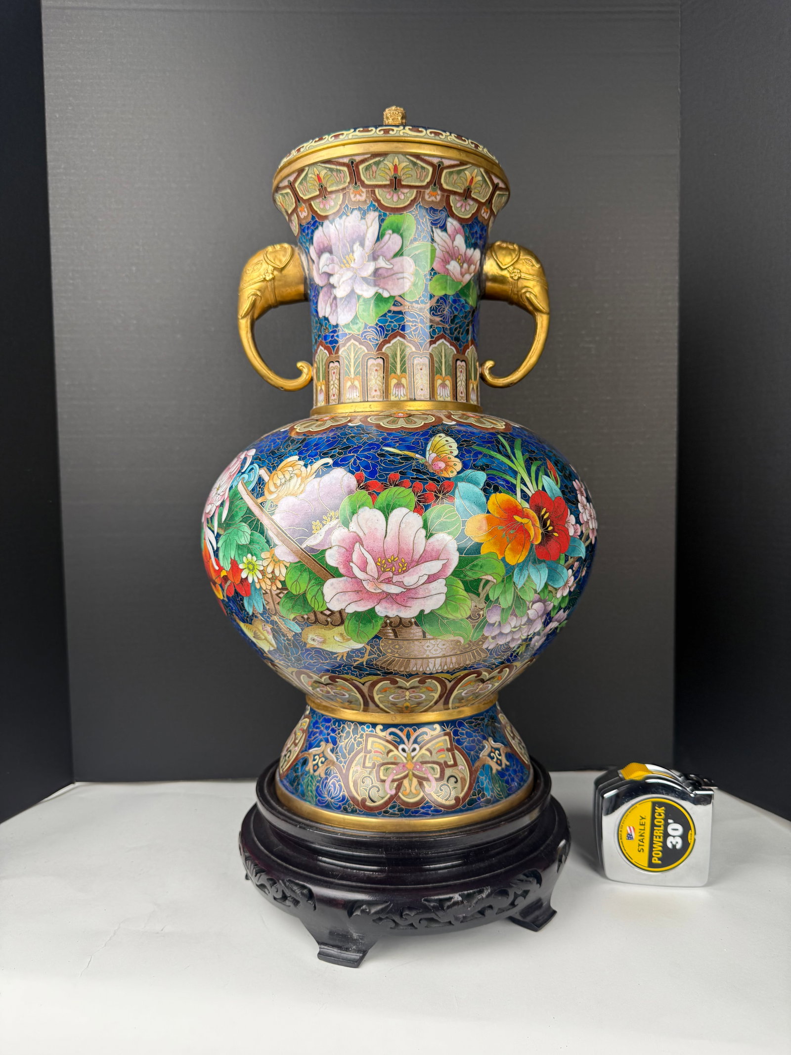 A Large Chinese Cloissone Enamel Vase & Cover: A Large Chinese Cloissone Enamel Vase & Cover. H:22-1/2” D: 12”
