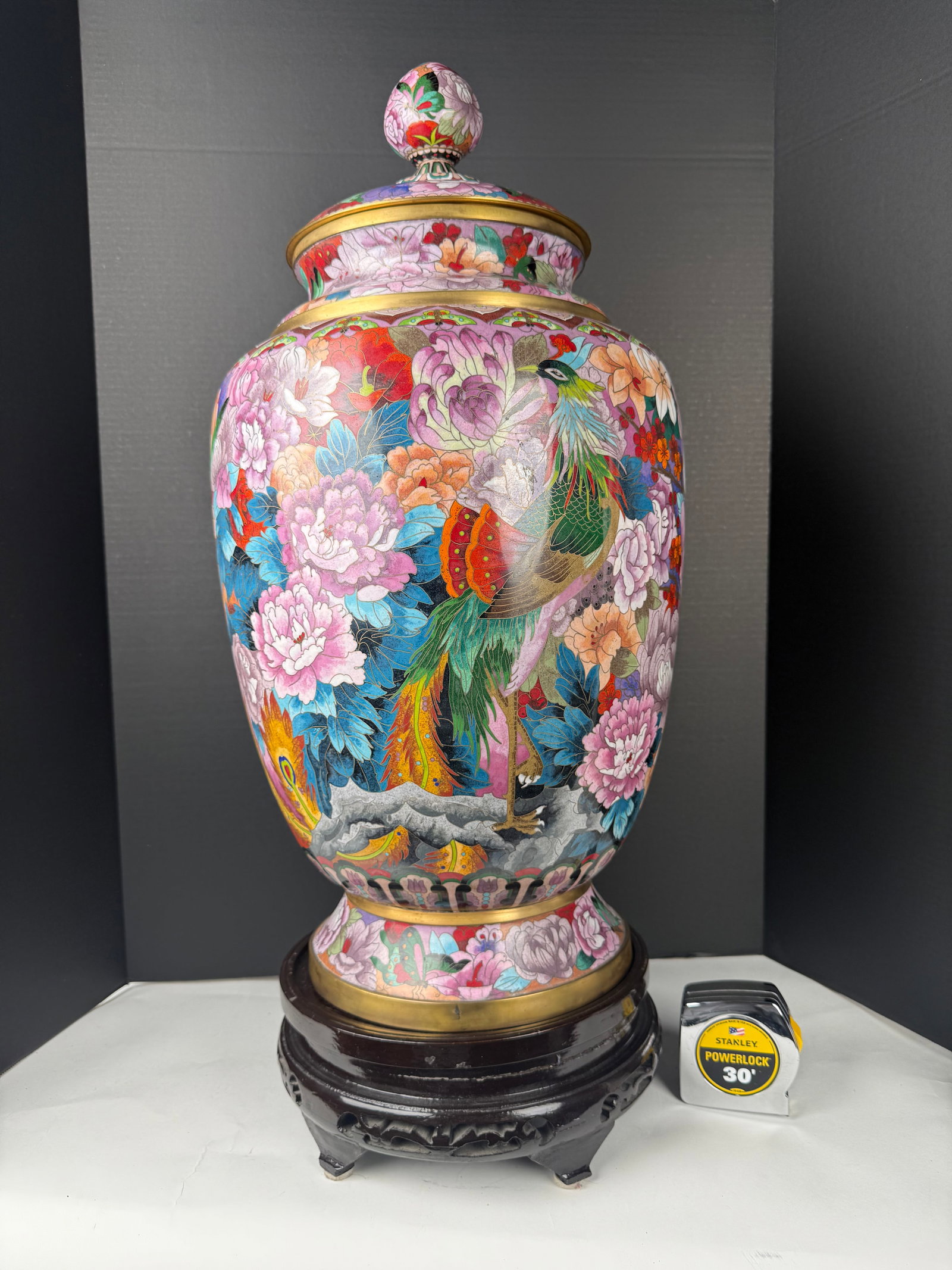 A Large Chinese Cloissone Enamel Vase & Cover: A Large Chinese Cloissone Enamel Vase & Cover. H:29-1/2” D: 13”