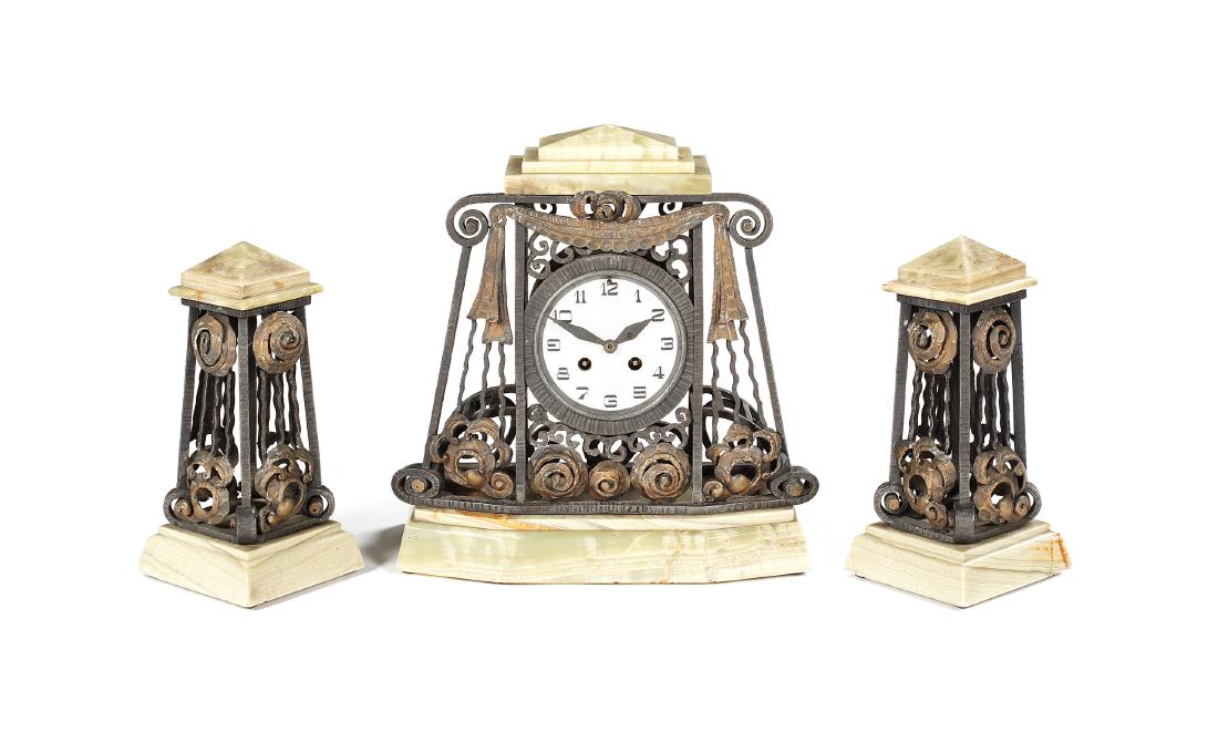 An Art Deco onyx wrought iron & gilded clock garniture (1 of 11)