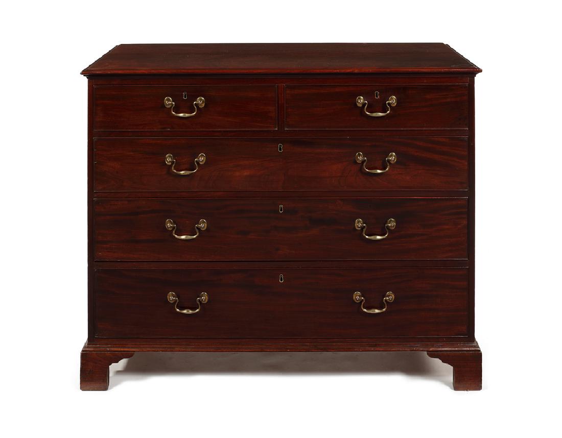 A George III mahogany chest attributed to Chippendale: A George III mahogany chest possibly attributable to Thomas Chippendale The rectangular moulded top above two short and three long graduated drawers on shaped bracket feet, 120cm wide, 54cm deep, 96cm