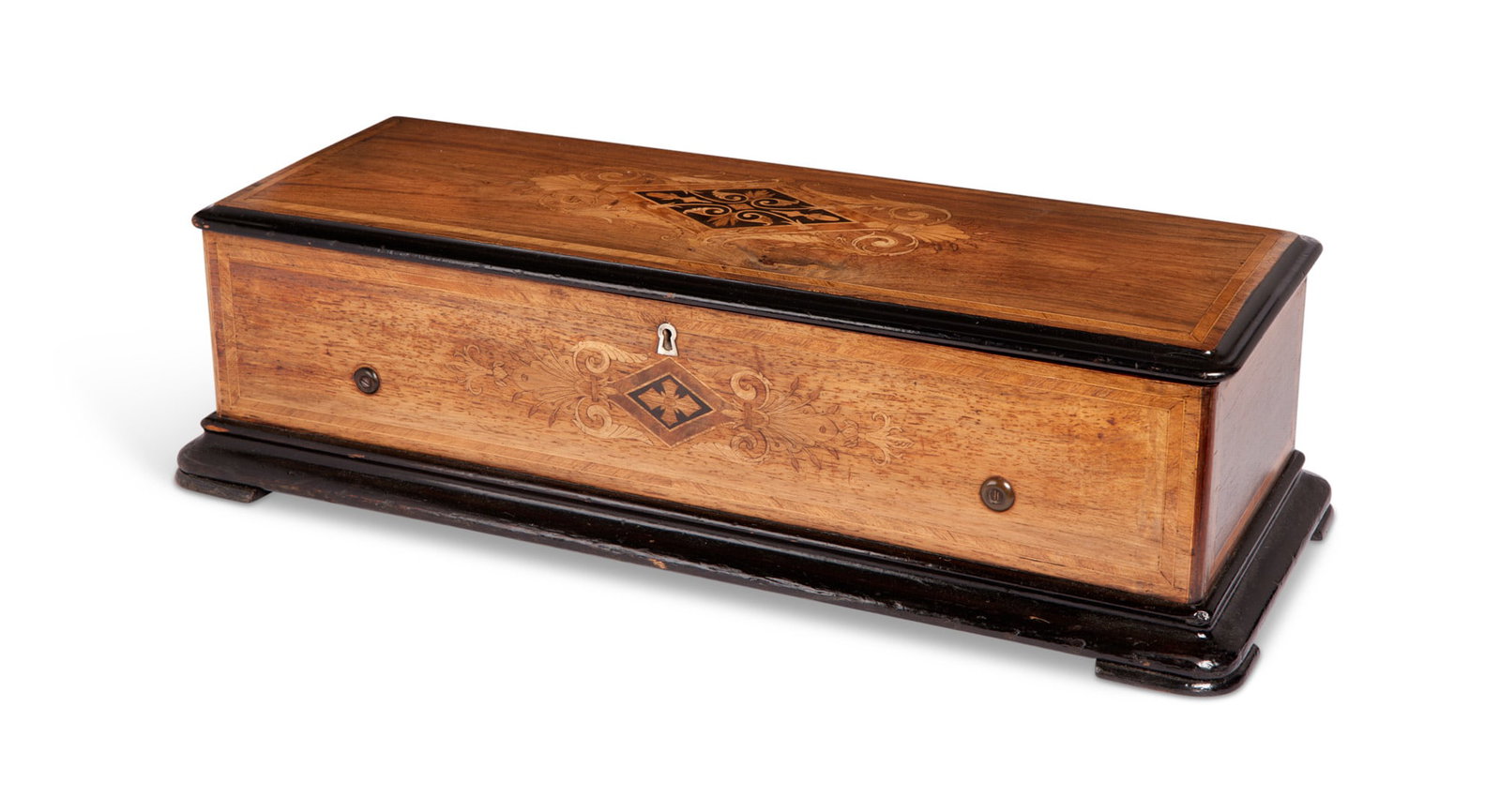 A 19th century rosewood marquetry and ebonised cylinder music box by Nicole Freres,: A 19th century rosewood marquetry and ebonised cylinder music box by Nicole Freres, retailed by Keith Prowse & Co, serial number 44488 73cm wide, 29cm deep, 19cm high.