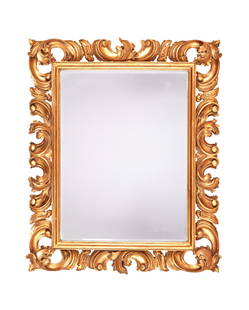 A 19th century carved gilt wood Florentine style wall mirror: A 19th century carved gilt wood Florentine style wall mirror The rectangular bevelled plate within a moulded square frame surrounded by foliate scroll work, 82cm high, 67cm wide.