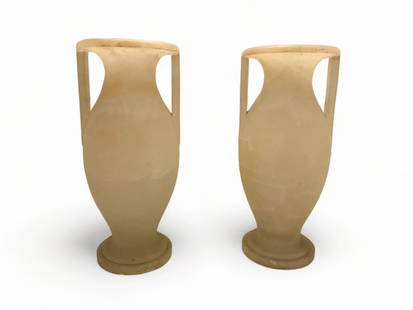 A pair of 1930's Art Deco white alabaster twin handled amphora vases: A pair of 1930's Art Deco white alabaster twin handled amphora vases With baluster bodies and turned bases, each 31cm high. (2)