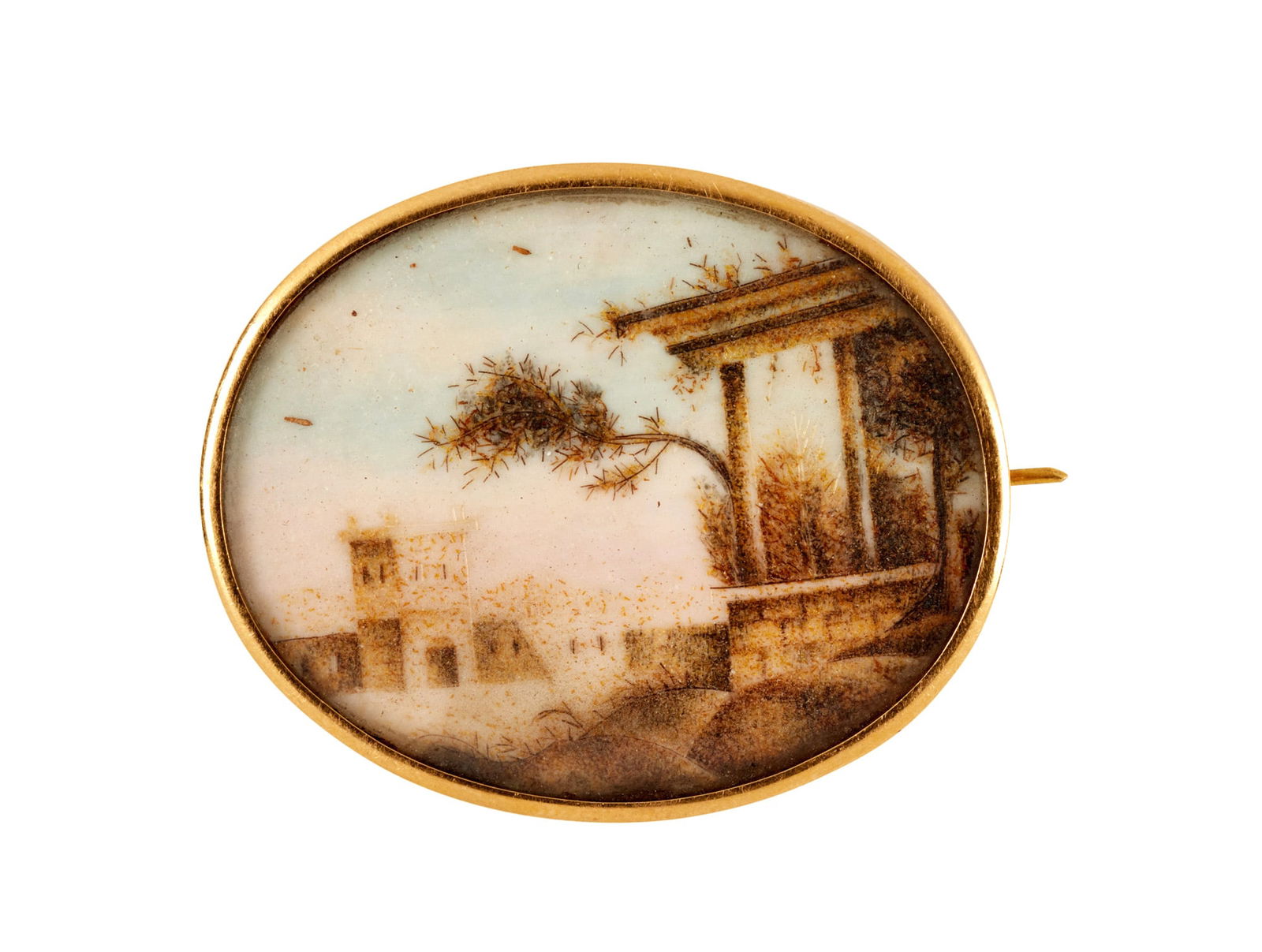 A 19th century oval landscape miniature brooch in yellow metal frame, possibly Anglo-Indian (1 of 3)