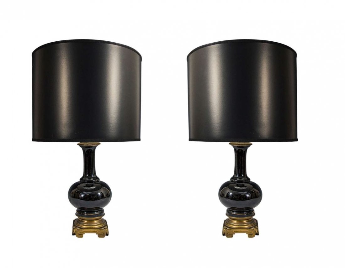 Antique Black Opaline Glass Table Lamps Bronze Bases (1 of 5)