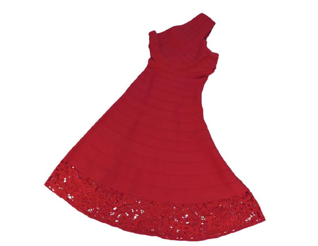Red Herve Leger Dress: Herve Leger Red Poppy One Shoulder Cocktail Dress. A chic (never worn) 'bandage' Herve Leger 'Red Poppy One Shoulder' cocktail dress. Lace trim is custom to this dress; lace border was added by a prof