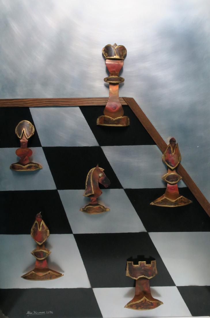 Signed Metal Artwork Chess Wall Art: Signed Metal Wall Art 'Chess' by Artist Alex Kovacs. A 1970s Modern wall art in steel and copper of a three dimensional chess game by artist Alex Kovacs. Signed and dated 1976. The artist's original b
