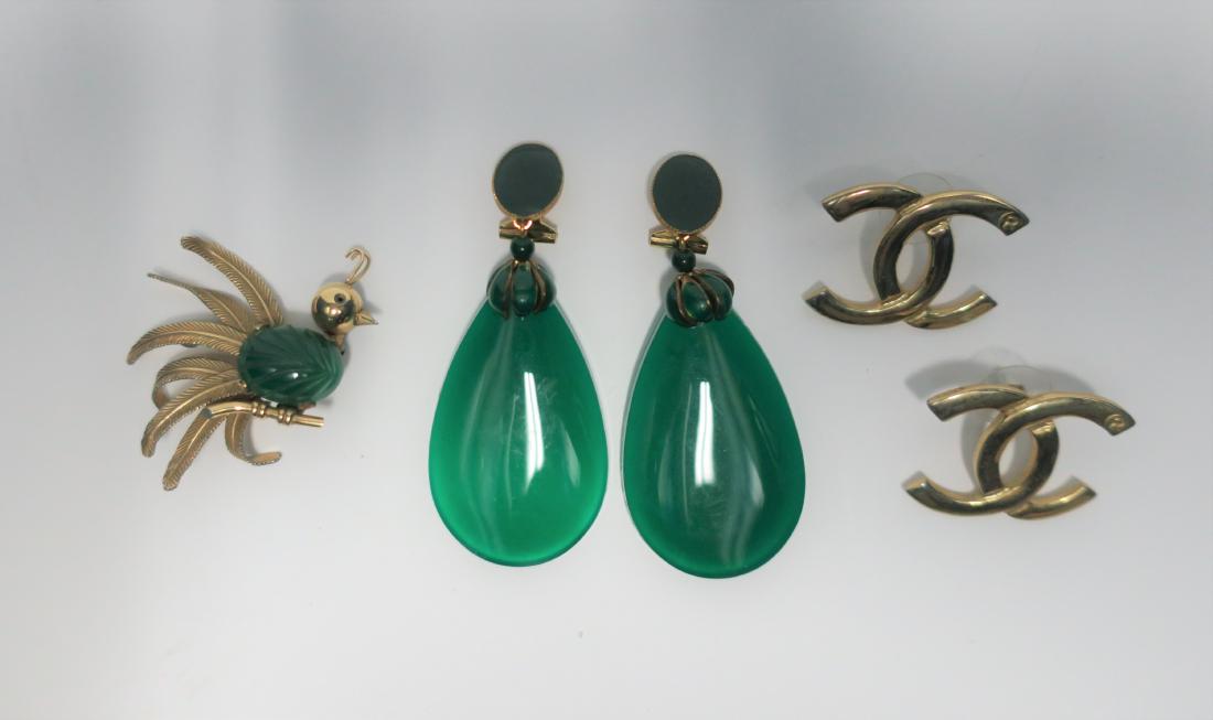 Jewelry. Bird Pin, Emerald Green Earrings, and CHANEL (1 of 2)