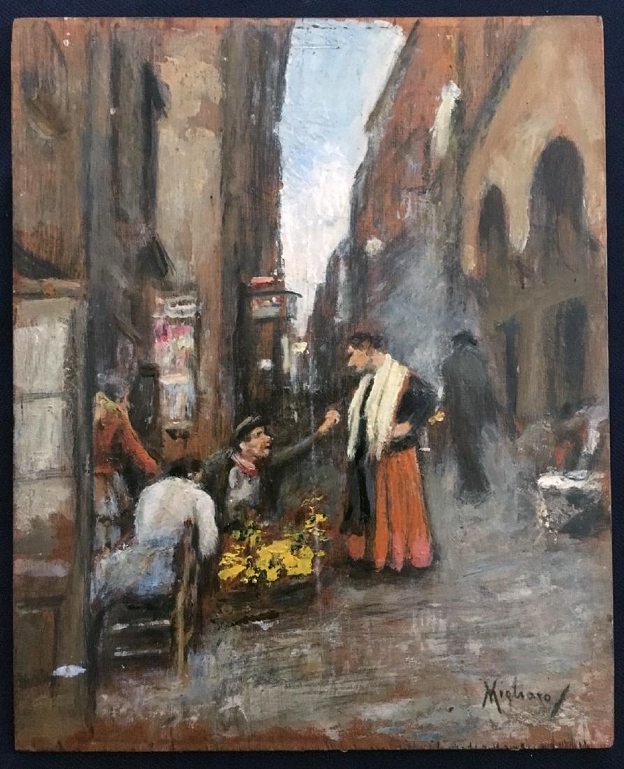 Vecchia Napoli (c1912). Oil on wooden panel by Migliaro (1 of 2)