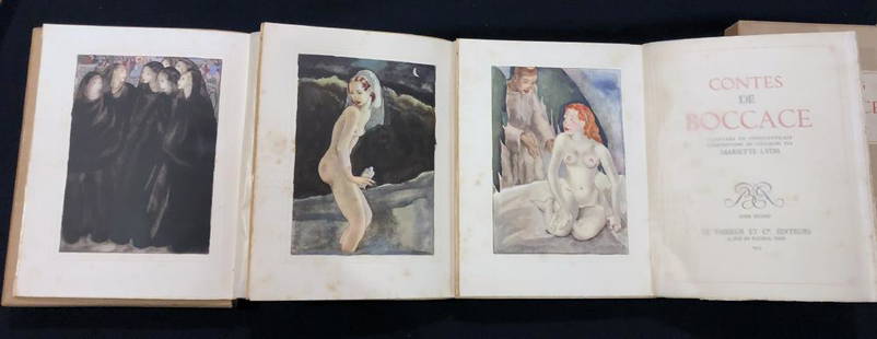 Contes de Boccace 56 composition in color after Lydis.: Boccace. Le Vasseur, Paris, 1935. 3 volumes. With 56 compositions in color after Mariette Lydis, in full page. Limited edition of 956 copies on Velin d’Arches paper. Complete of slipcase. Scatt