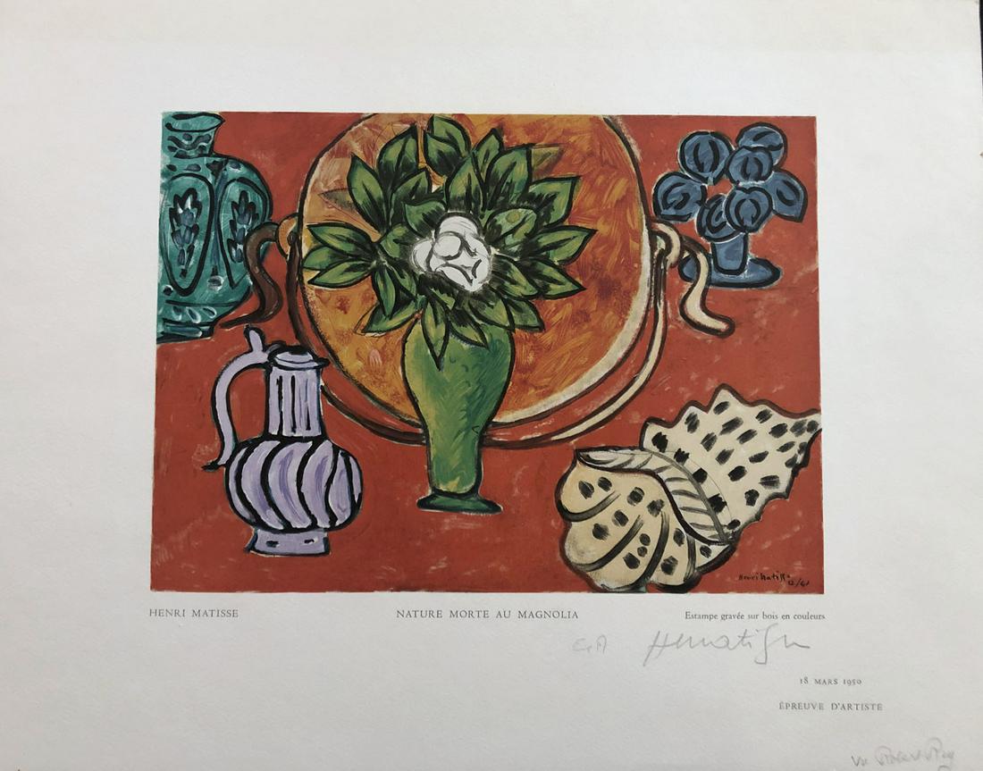 Matisse. Nature morte au magnolia. Wood engraving in: Nature morte au magnolia. 1950. Wood engraving in color. Signed and numbered (EA) in pencil by Matisse, and Robert Rey. Limited edition of 100 copies. From the portfolio Estampes.