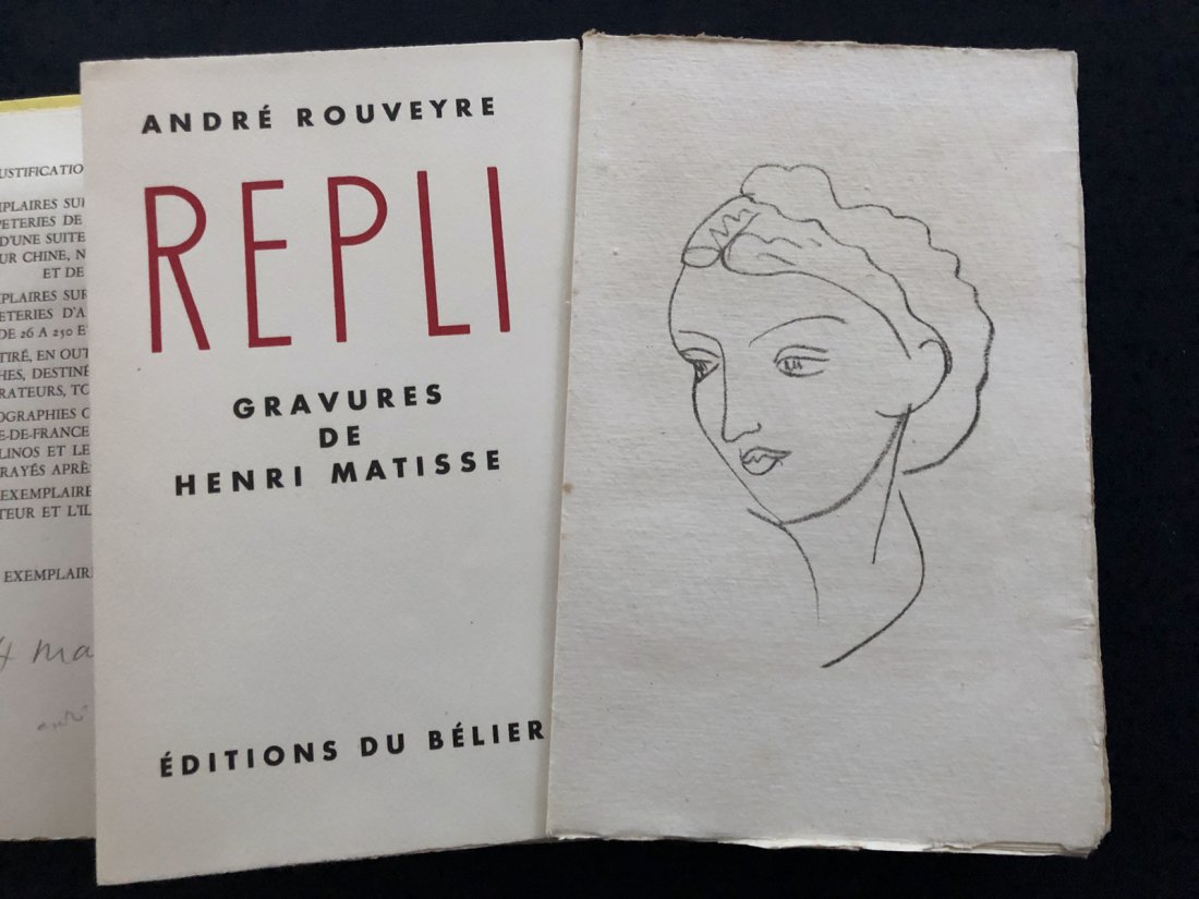 Repli. 1947, with Matisse linocuts, woodcuts and lithos: Repli. Gravures de Henri Matisse. Rouveyre, Andre`. Paris: Editions du Belier, 1947. Tall octavo, housed in original pictorial wrappers, chemise and slipcase. Limited edition of 370 numbered copies, s