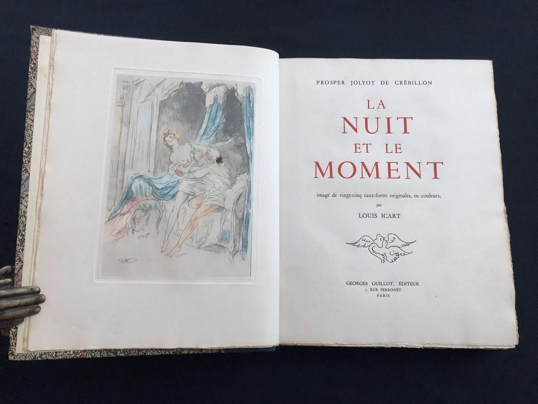 La Nuit et le Moment. 25 etchings by Icart: Prosper Jolyot de Crebillon, illustrated with 25 original colored etchings by Louis Icart. George Guillot, Paris 1946. One of 250 copies on Johannot a la form paper, from a total edition of 540. Rebou