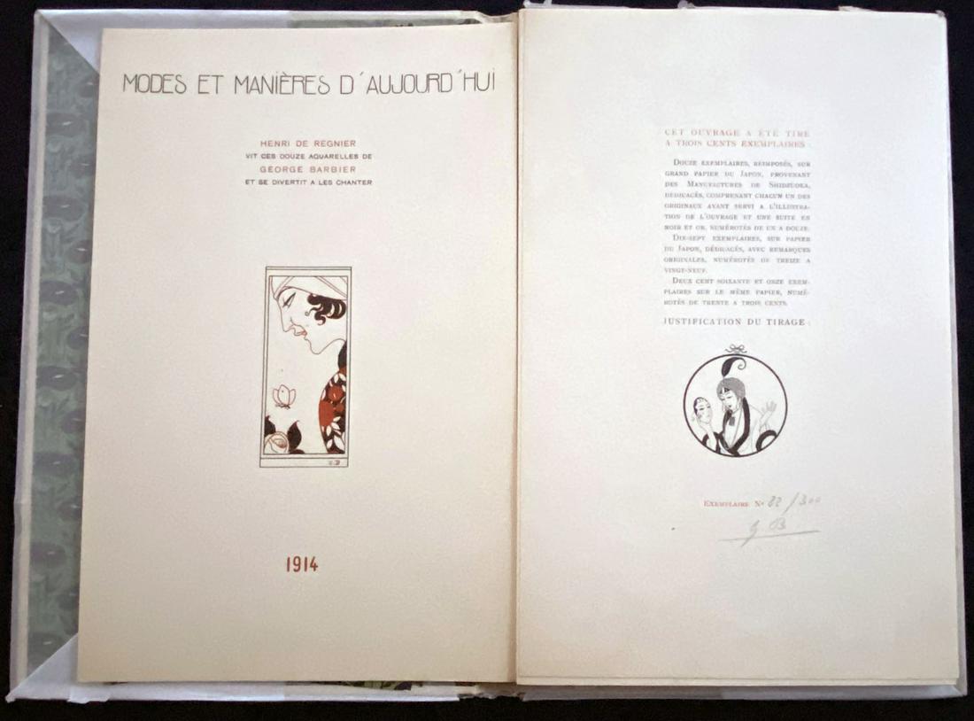 Modes et Manieres d Aujourdhui 1914. Barbier Pochoirs: 3eme Annee Collection Pierre Corrard, 1914 Paris. 12 pochoirs by Georges Barbier, 10 sonnets and 12 poems by Henri De Regnier. Copy 82 of 300 copies in Japan paper numbered in pencil and monogram in p