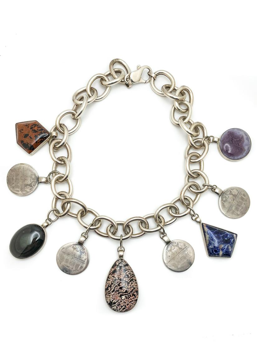 David Navarro Necklace.: Silver and gemstones necklace by David Navarro Potter, versatile creative, artist and designer. Bold ring chain, with geometrical shaped pendants, with natural gemstones framed in silver, Red Jasper,